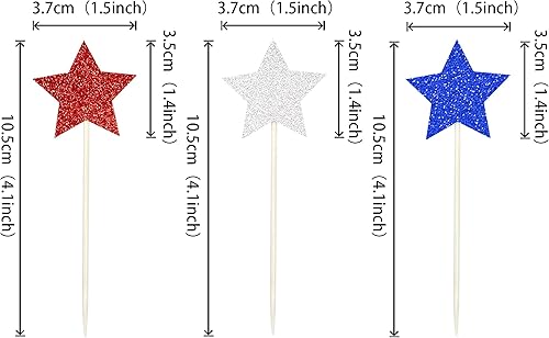 Miniatura 2 de 36 piezas de decoración de cupcakes con purpurina para el Día de la Independencia, diseño de estrella azul, rojo y plateado para el 4 de julio,