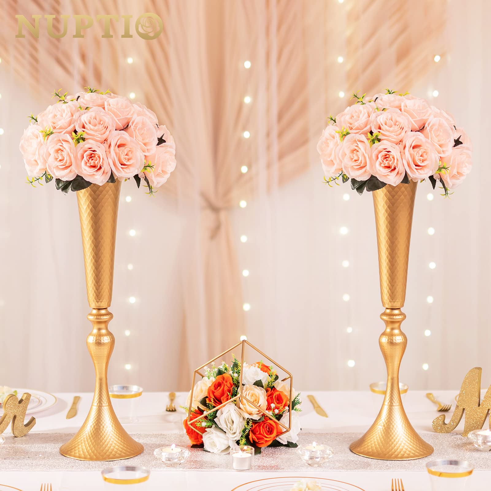 Vases Centre De Table NUPTIO Or - 2 Pièces Hauteur 77,5cm - Style Trompette Métal Doré - Pour Mariage, Événements