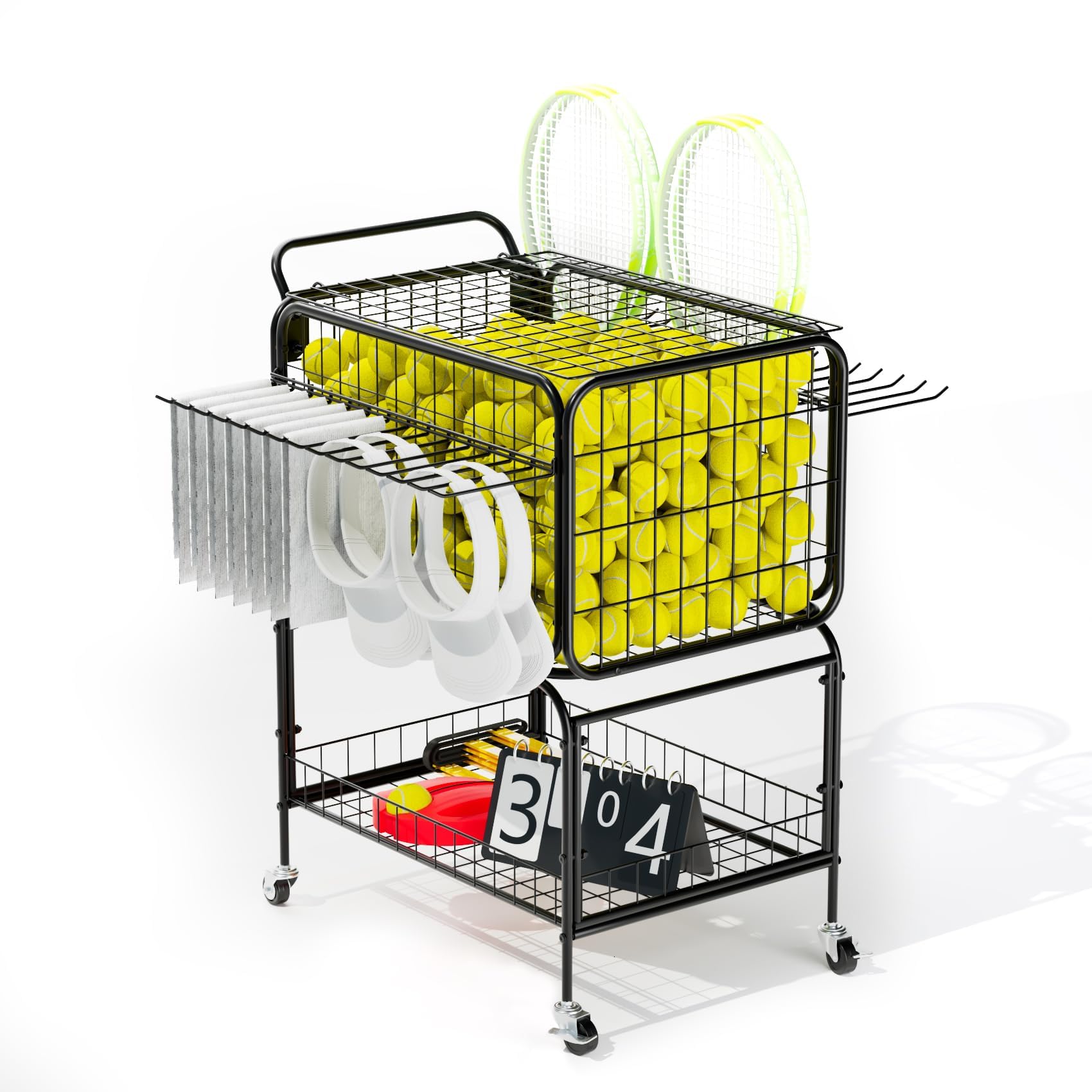 Mobiler Tennis Trainingswagen mit 2 Gitterkörben, bis 350 Tennisbälle, mit feststellbaren 360° Rollen & Schlägerhaltern für Tennis Pickleball, geeignet für Sportplatz und Garage