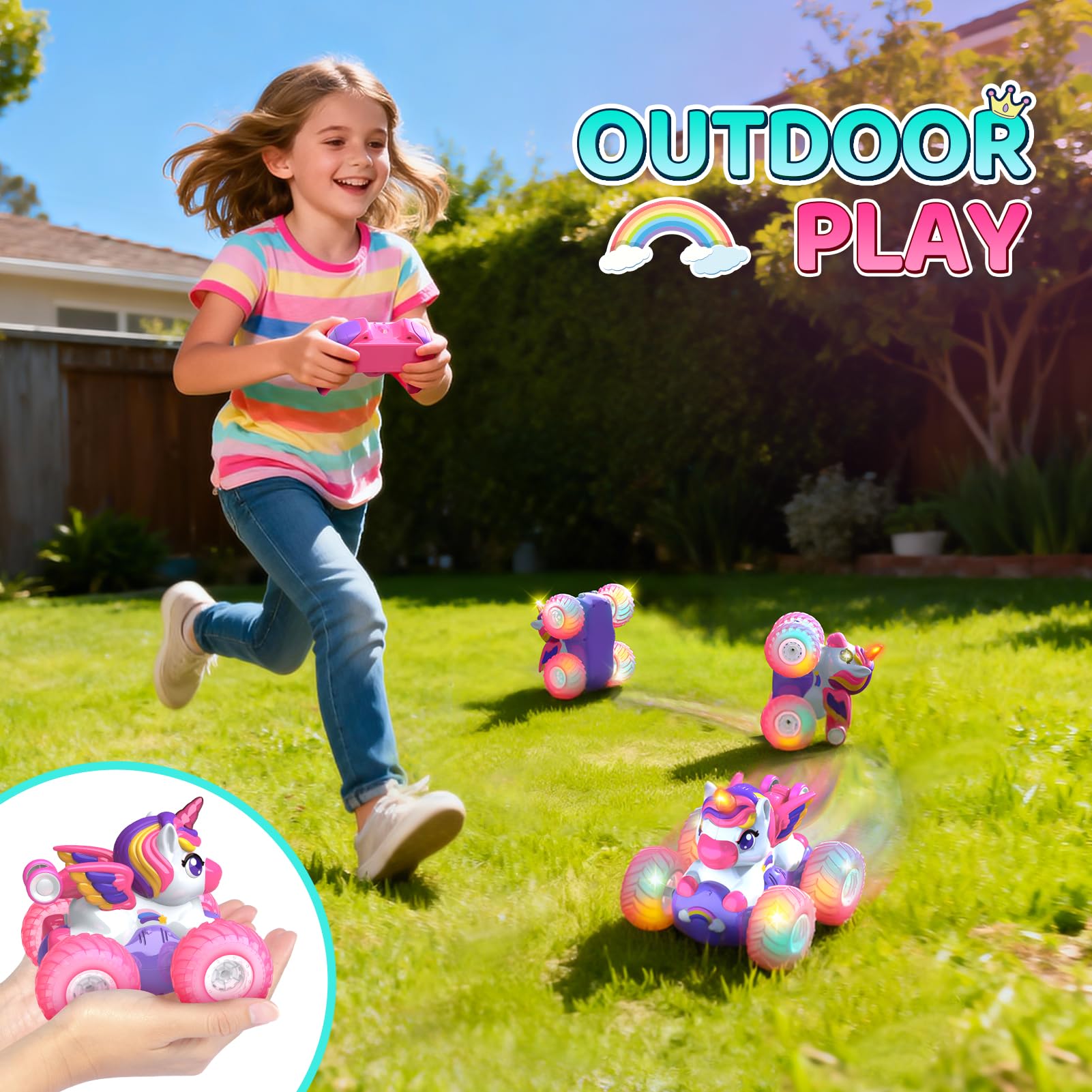 HappyGoLucky Macchina Telecomandata per Bambini Bambina, Unicorno Giocattolo, 2,4 GHz, Luce LED, Capovolte a 360°, Monster Truck Auto Giochi Regalo Bambina 3-12 Anni Femmina - Regali Natale