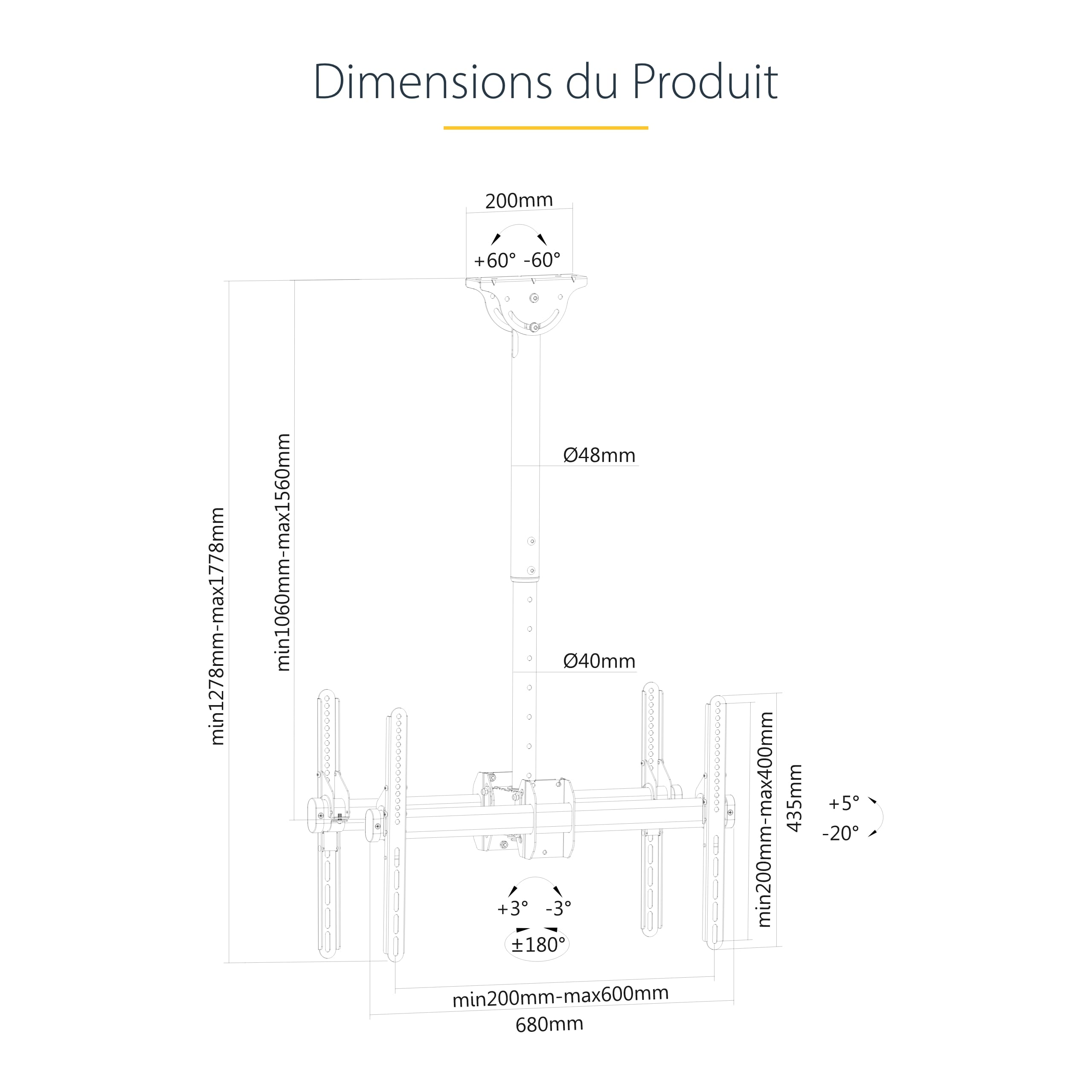 StarTech Support TV Double Plafond 32 à 75 pouces, VESA (FPCEILBTB) | 2 écrans suspendus, Réglable en hauteur, Mât télescopique, Dos à dos, Pivotant