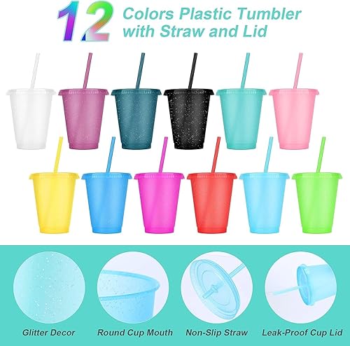 Vista 3 de 24 vasos de plástico con tapas y pajitas, vasos reutilizables con tapas, vasos coloridos de plástico para fiestas de cumpleaños, taza de café