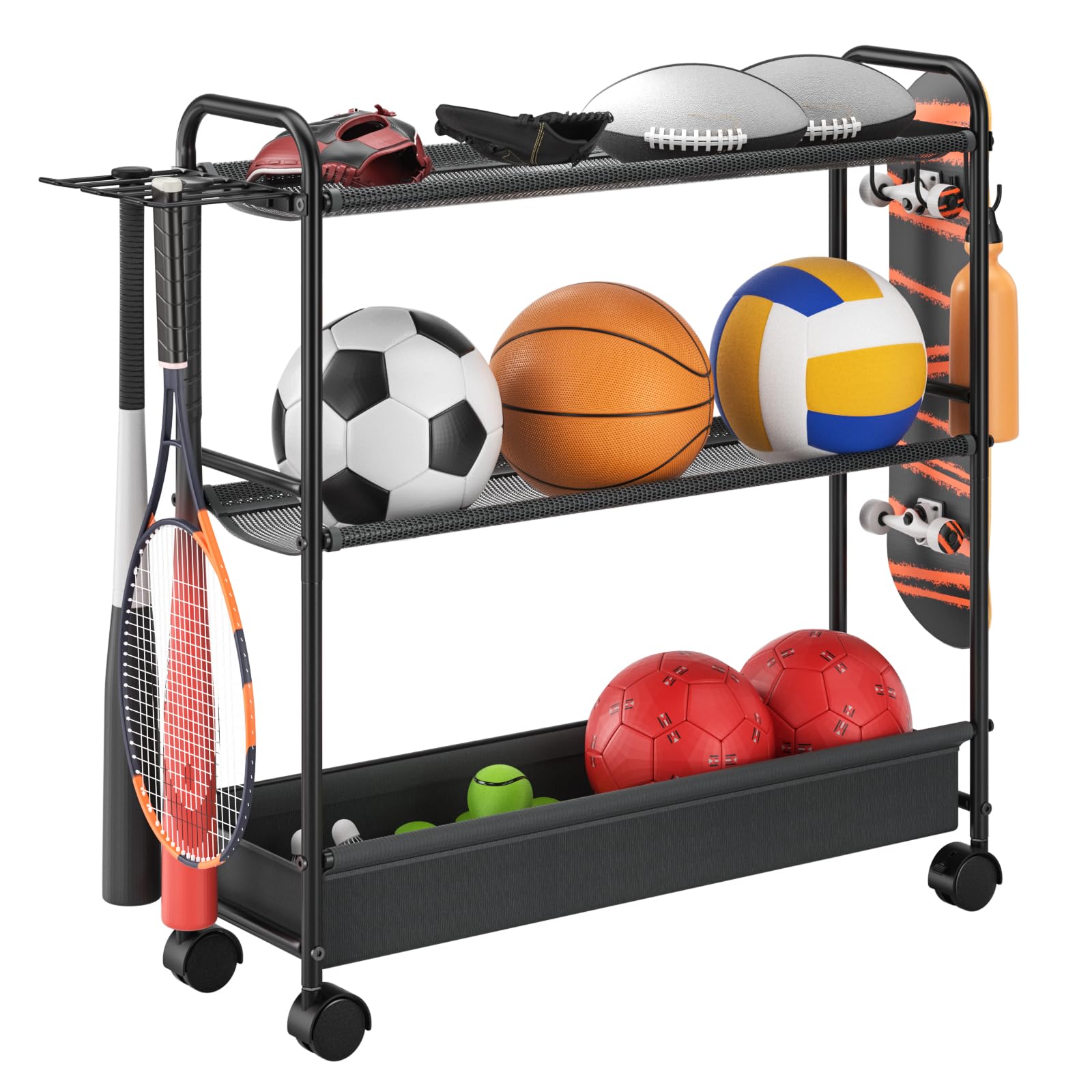 Basketball Rack 3-Shelf Training Stand, Garage Sports Equipment Organizer - Rolling Ball Storage Rack with Wheels, Ball Racks for Basketball, Soccer, Basketball Racks Ball Cart with Hooks.