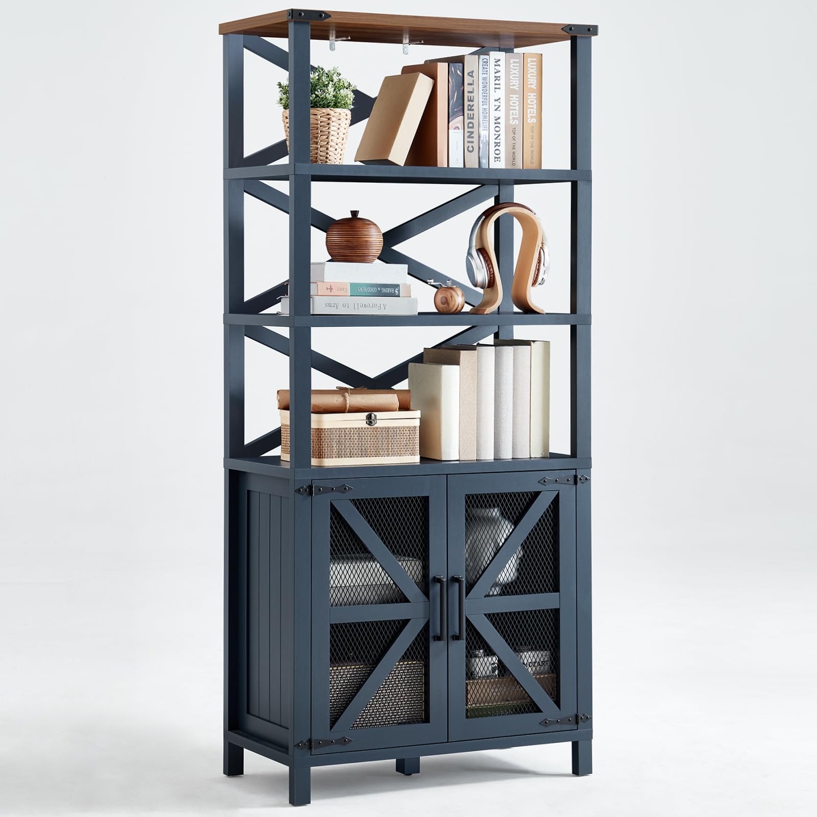 Joaxswe 5 Tier Bookshelf 70" Tall Bookcase with Barn Doors,Large Farmhouse Display Book Shelf with Adjustable Shelves and Storage Cabinet，Library Wood