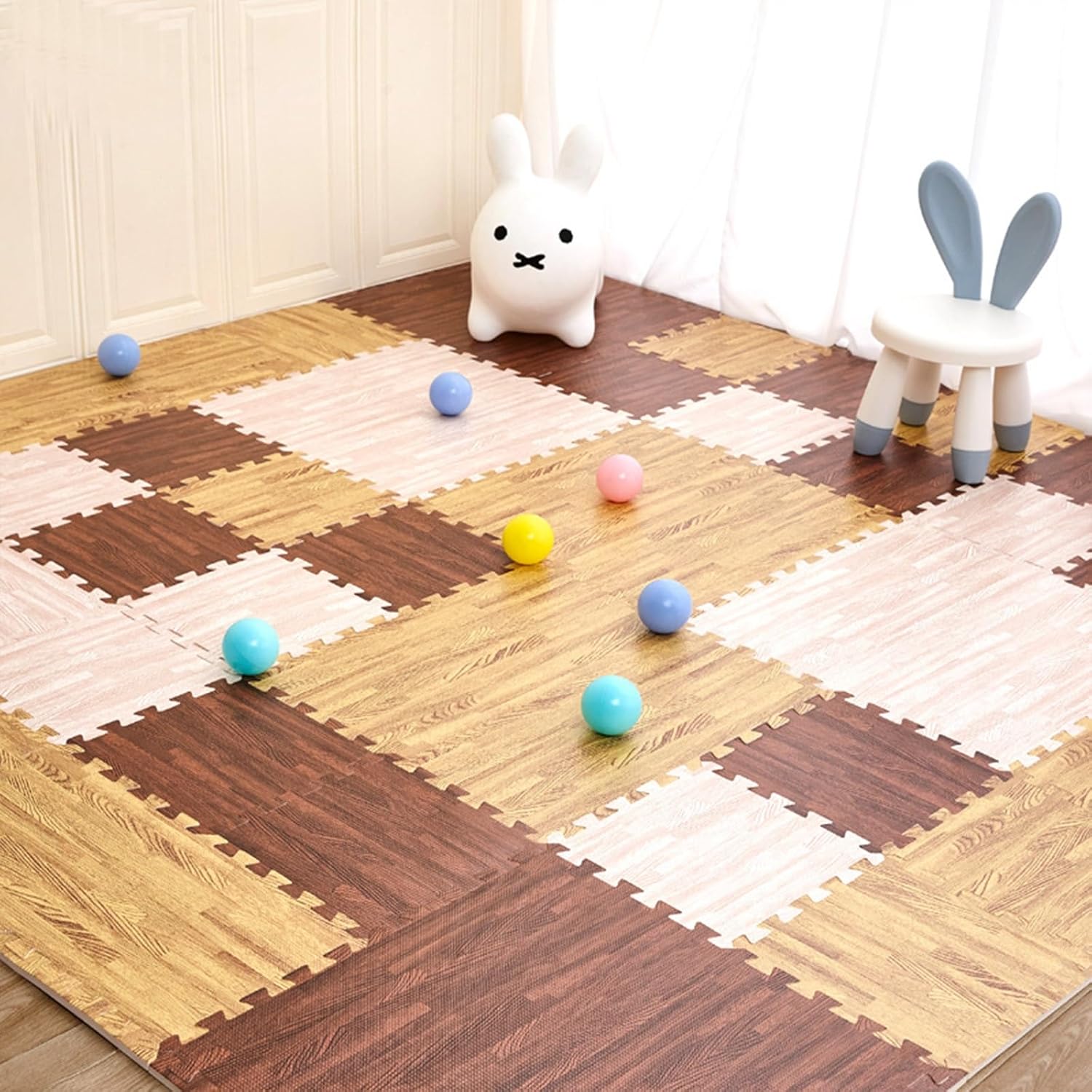 Soft Wood Print Foam Flooring Tiles, 2cm Thick Interlocking Foam Tiles，for Family Room or Gym Flooring (60 X 60cm)(White,4p)