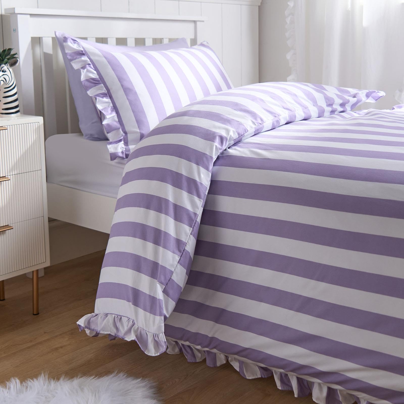 OHS Frill Duvet Cover Bedding Set Pillowcase Stripe Quilt LuxuryLilacDouble from B&Q