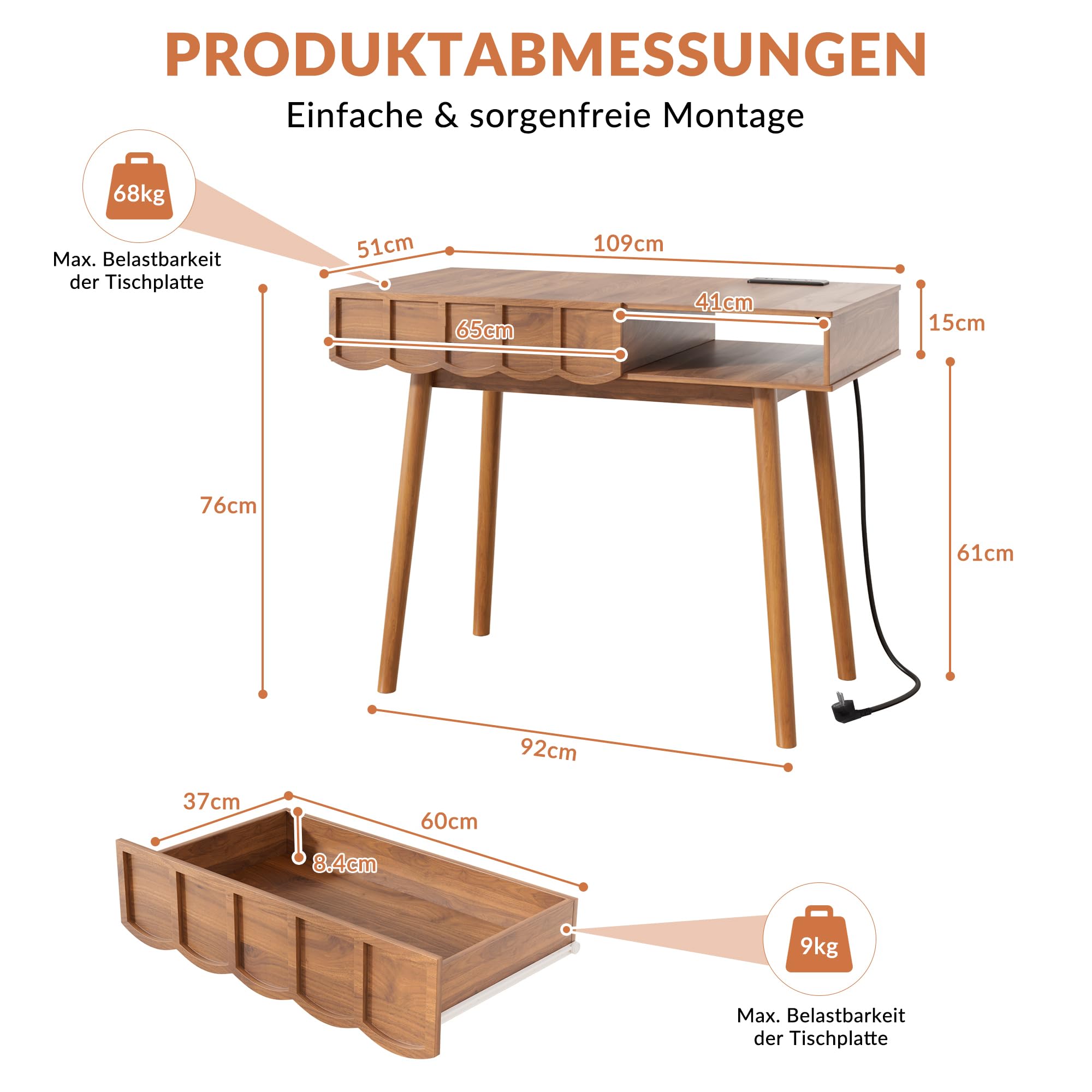 Escritorio Madera con Enchufes USB, 109x51x76cm, 40L Almacenamiento, Nogal Impermeable, para Oficina, Dormitorio, Mesita de Maquillaje，Cable de Alimentación， Mid-Century Modern