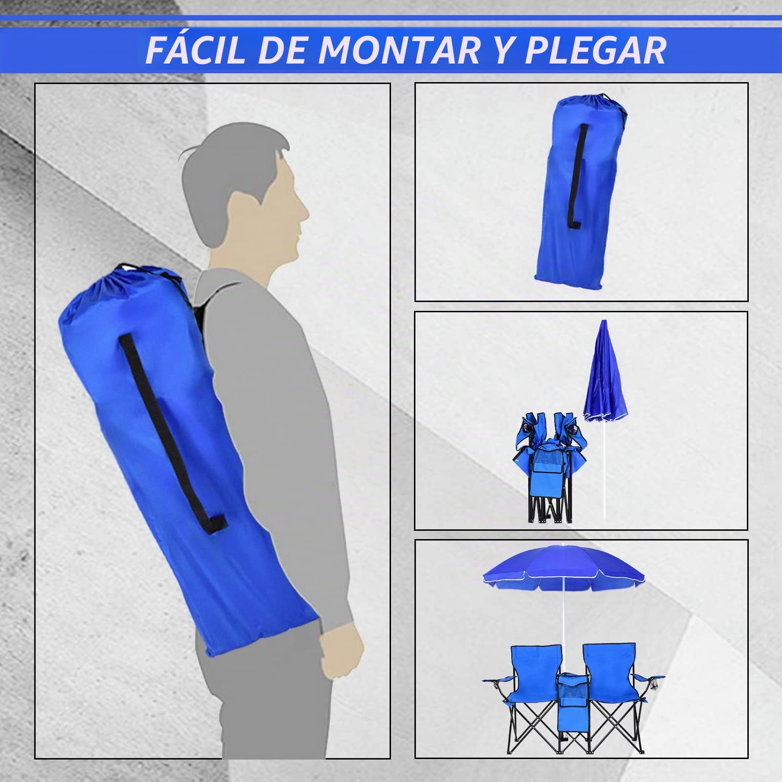 GOPLUS Silla de Camping 2 Plazas con Sombrilla, Sillón Doble con Bolsillo, Portavasos y Bolsa de Transporte, Silla Plegable Portátil para Playa Pesca Barbacoas Picnic (Azul)