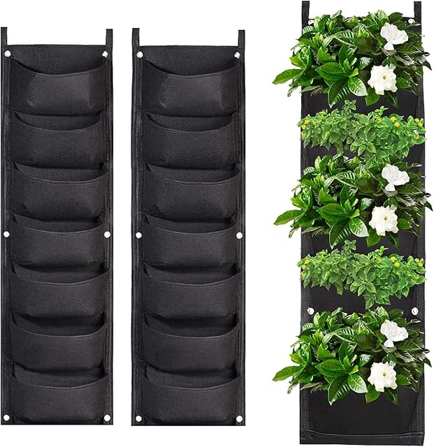 WAIZHIUA 2 Pack Wall Planting Bags 7 Pocket Wall Hanging Planter Planting Grow Bags Vertical Hanging Plant Bags Garden Wall Planter for Yard Garden Home Decoration, Black
