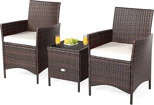 Miniatura 8 de Juego de muebles de patio de 3 piezas, muebles de mimbre para exteriores con cojín resistente al agua y mesa superior de vidrio templado, juego de