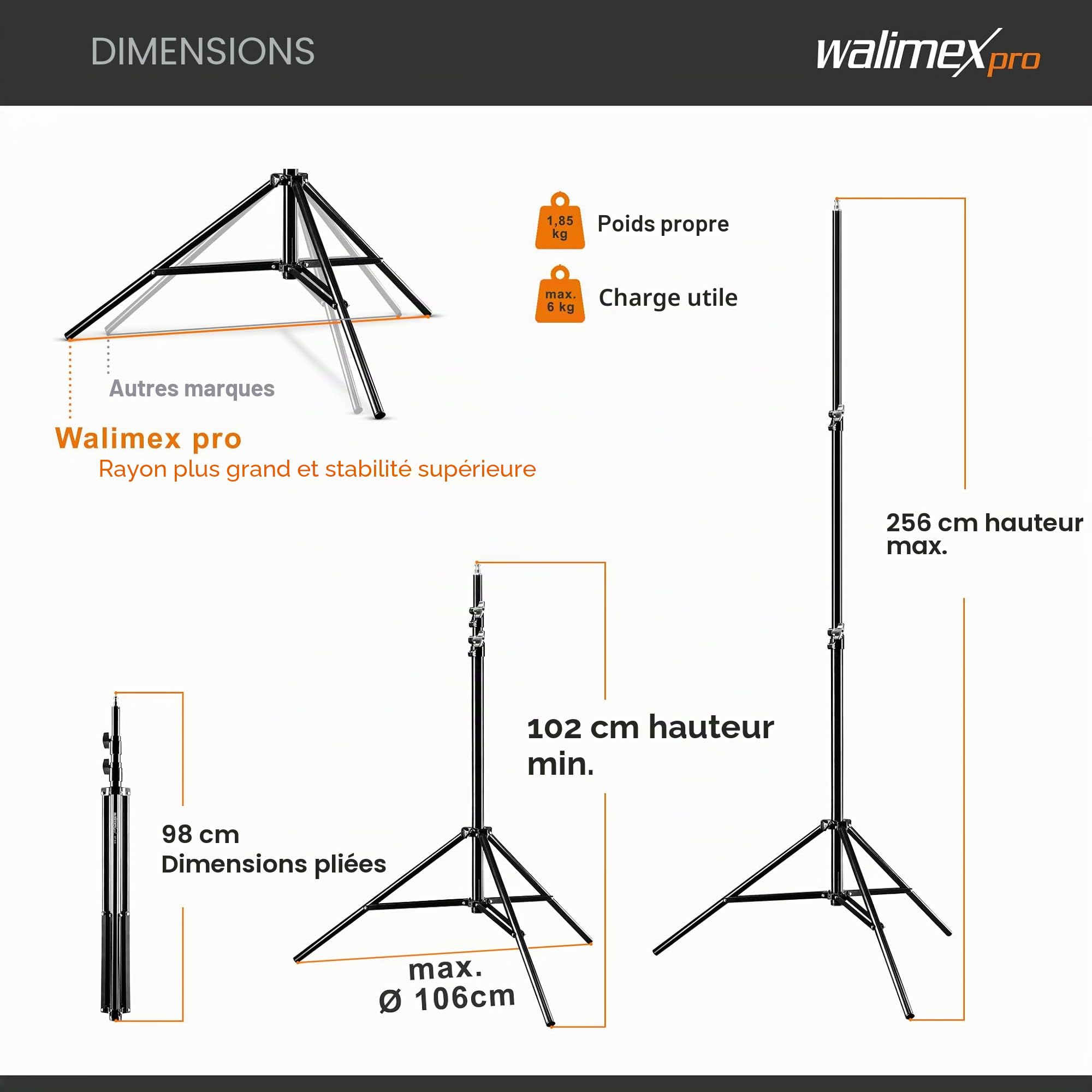 Walimex pro WT-806 Trépied de lampe avec amortissement à ressort I hauteur maximale 256cm I trépied d'éclairage stable chargeable jusqu'à 6kg pour éclairage annulaire, réflecteur
