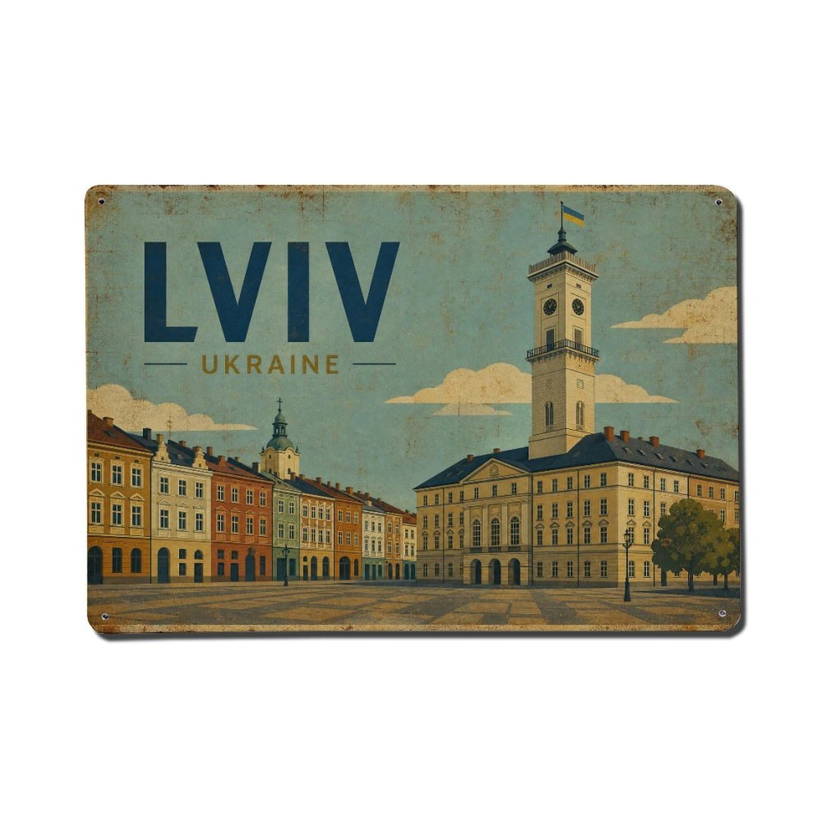 Metal Tin Sign Vintage Travel Ukraine Lviv Wall Deco