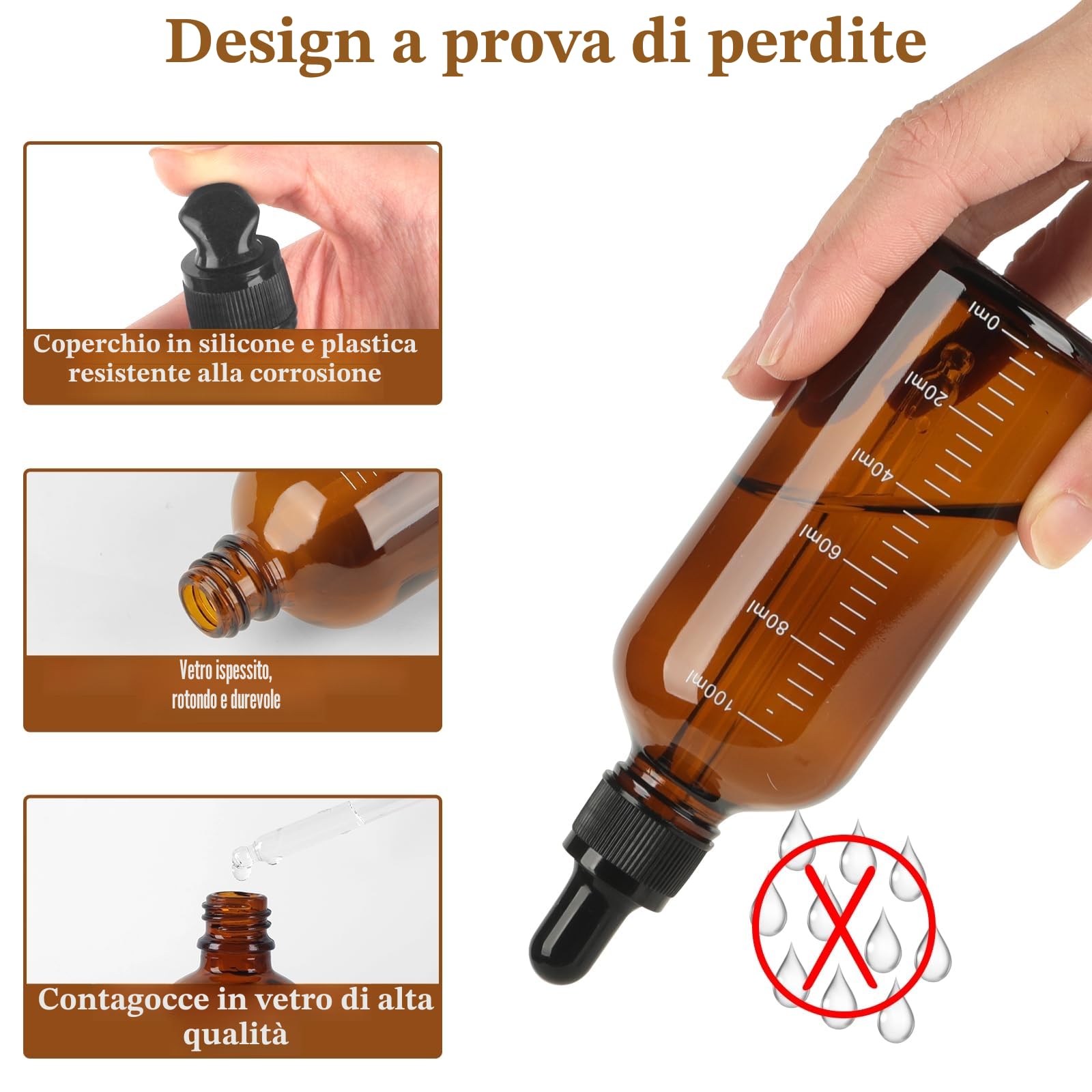 6 Pezzi Contagocce Vetro 100ml, Marrone Bottiglie Contagocce in Vetro, Flaconi Contagocce con 2 Imbuti 2 Pipette Contagocce 1 Adesivo, Flaconi Ricaricabili per Laboratorio Olio Essenziale