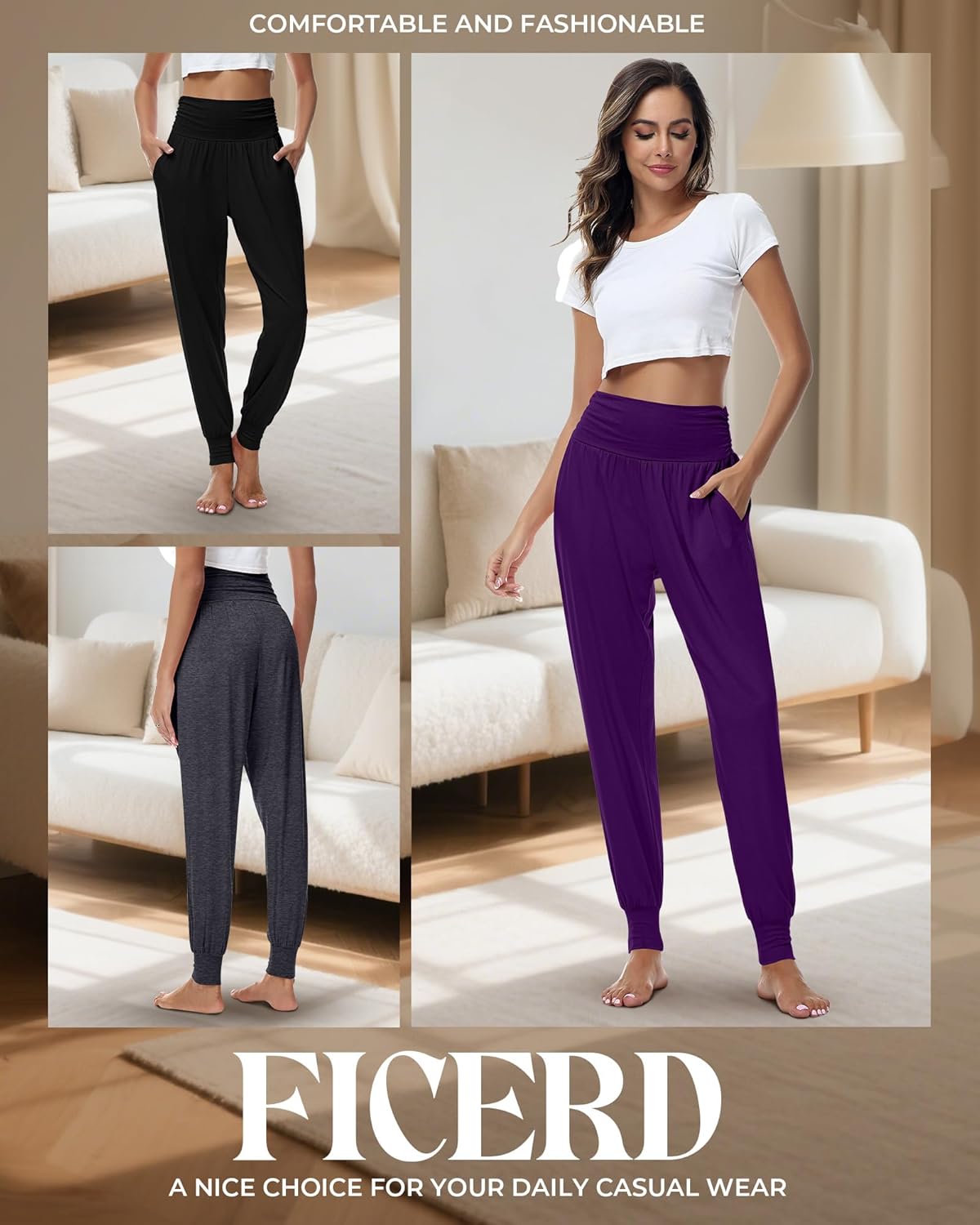 Ficerd 3 Pack Women's Lounge Pants, Cozy Yoga Joggers with Pockets High Waisted Workout Sweatpants Lightweight Comfy Pants - Image 6