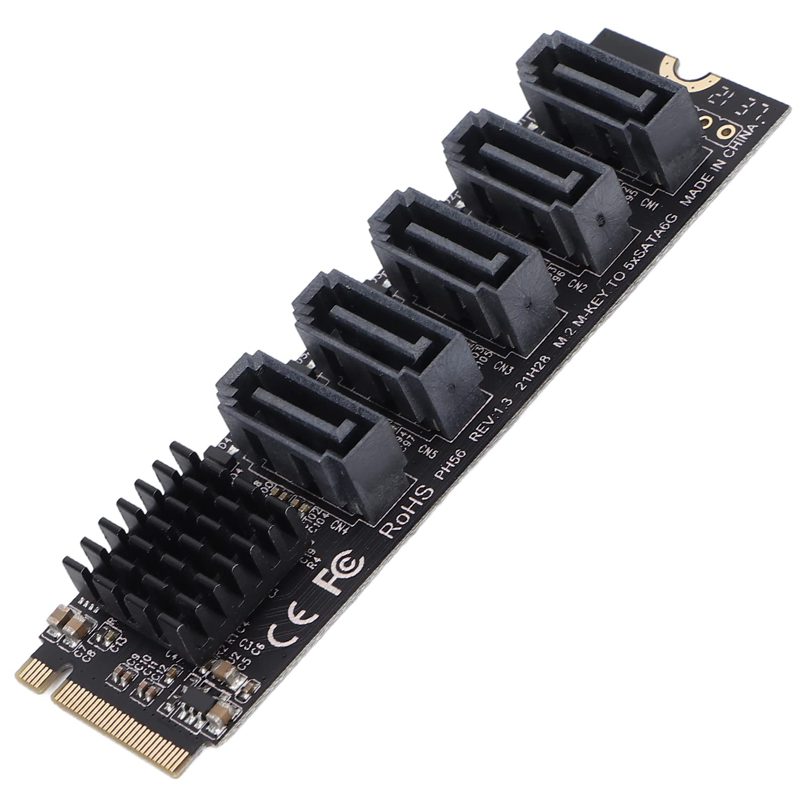 Adapterkaart voor Harde Schijf, 5-poorts PCIE SATA III 6 GB/s M.2 M-sleuteladapterkaart, JM585-chipset, Warmteafvoer van Aluminiumlegering, voor Desktop-pc SSD HDD-uitbreiding