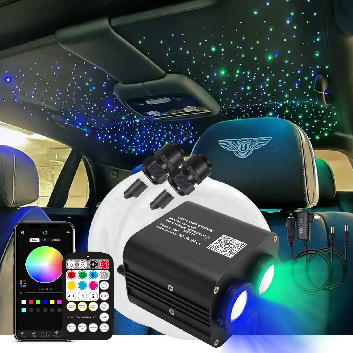 AKEPO20W RGBW Different Color Dual-Head Twinkle APP Fiber Optic Lights, Sound Activated 900pcs 0.03in 9.8ft/3m Fiber Optic Strands Star Ceiling Light Kit for Home/Car Headliner Star