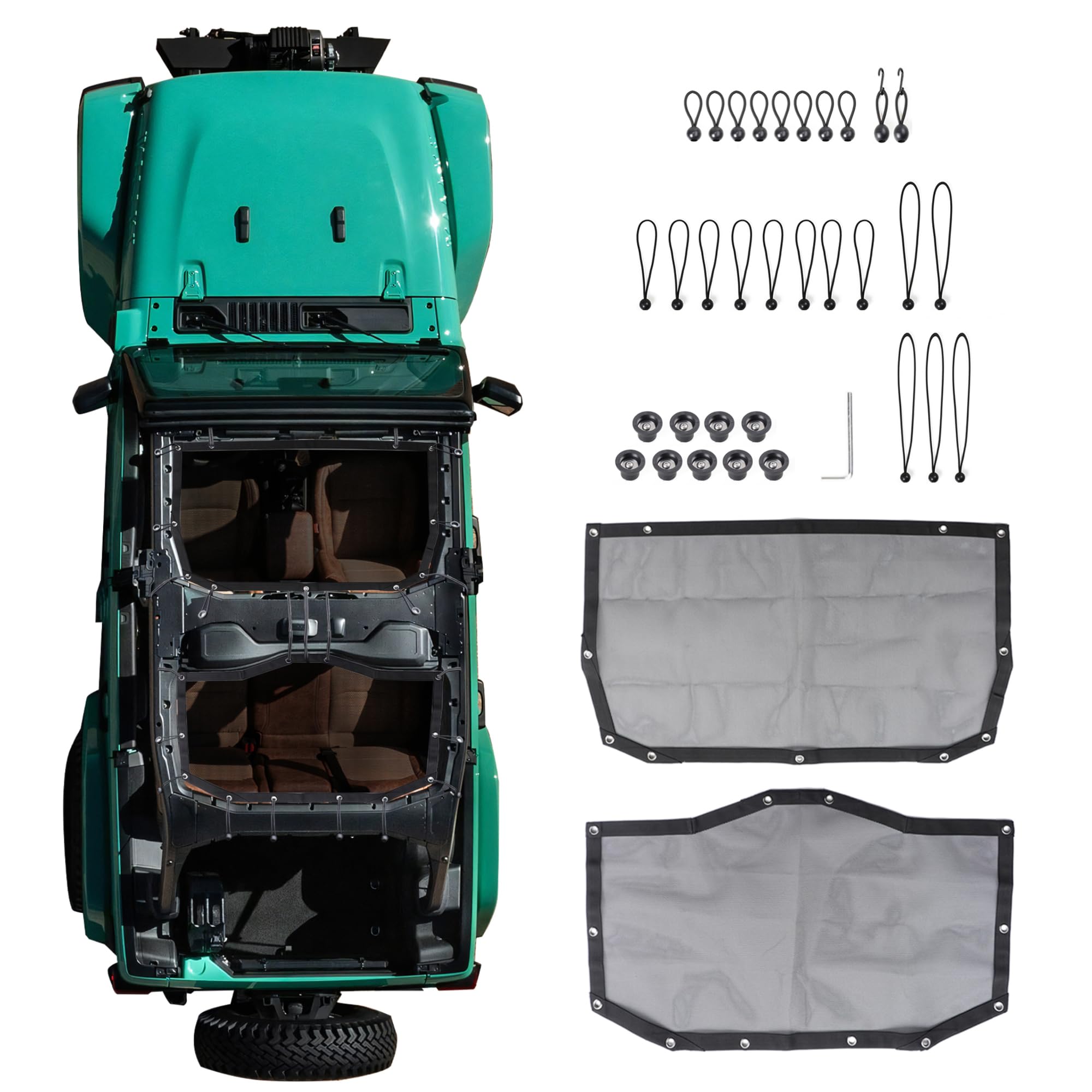 Sunshade Compatible with 2024 2025 Jeep Wrangler JL 4 Door 4XE Hard Top Accessories Front Rear Sun Shade Soft Mesh Top Bimini Roof Bikini Cover, Keep Airbag Function, Front Rear Door Black