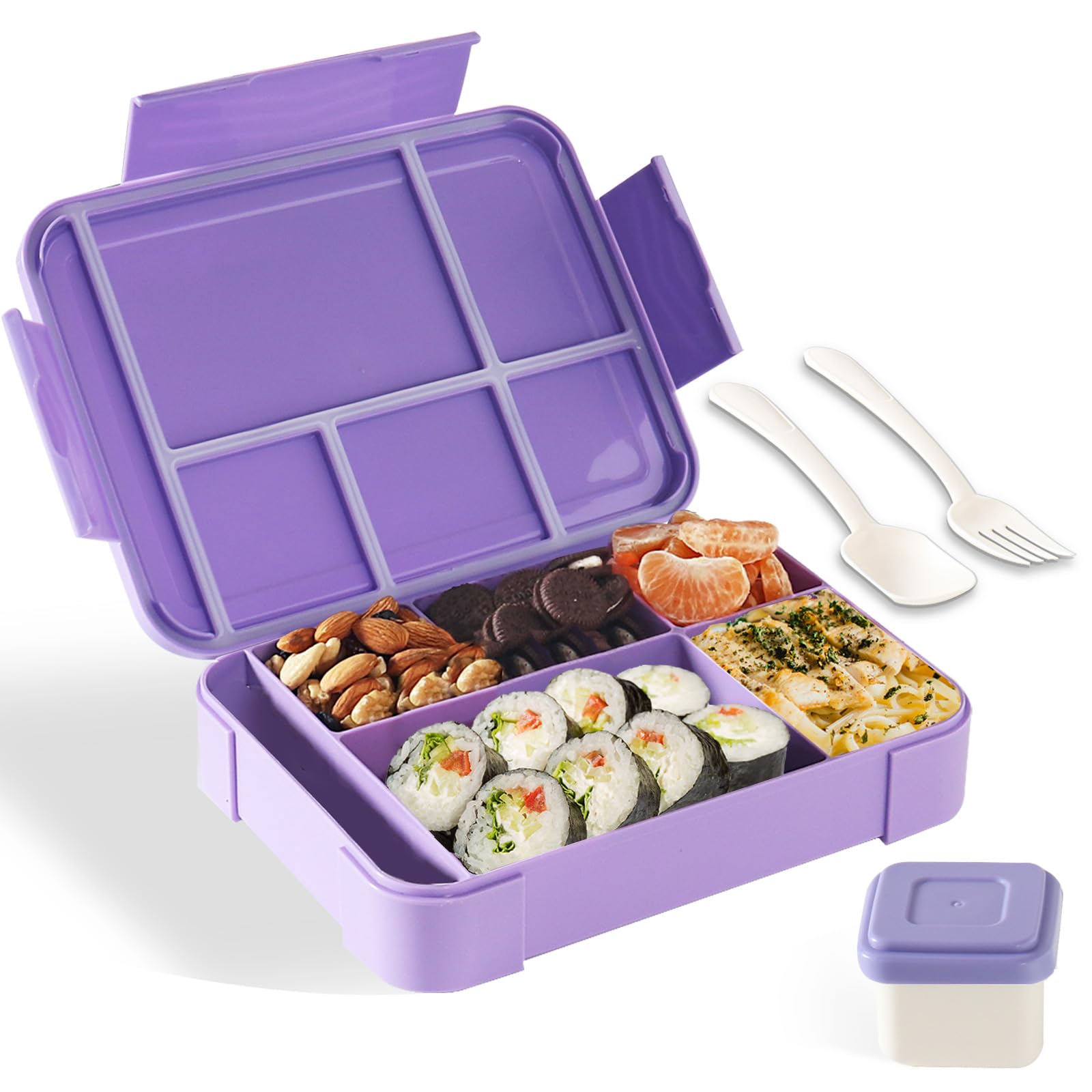 Swkien Brotdose mit Fächern - 1300ml Bento Box Kinder Lunchbox mit Besteck - Brotdosen mit Trennfächern Auslaufsicher Brotzeitbox(Violett)