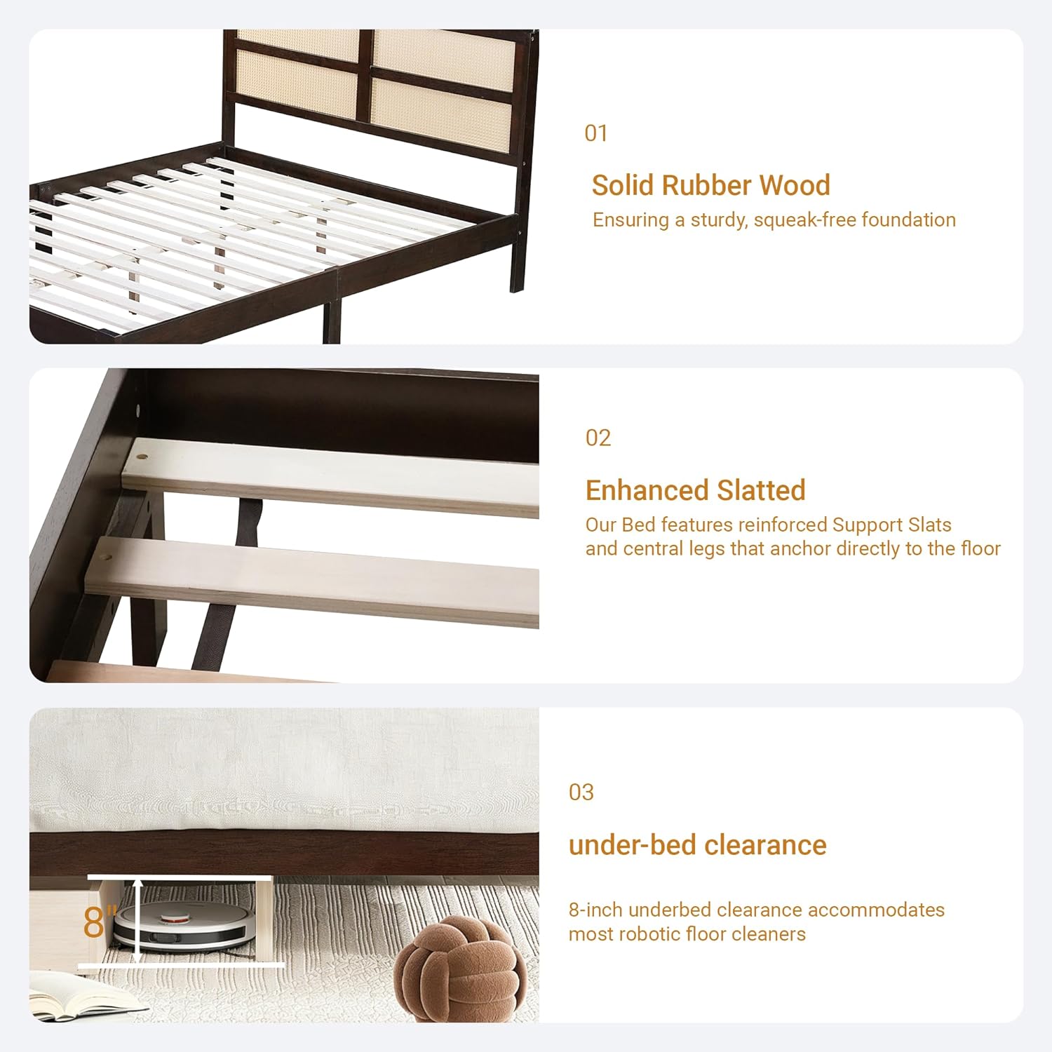Queen Size Rattan Bed Frame with Rattan Heaboard, Boho Rubber Wood Platform Bed, Noise-Free, No Box Spring Needed, Espresso