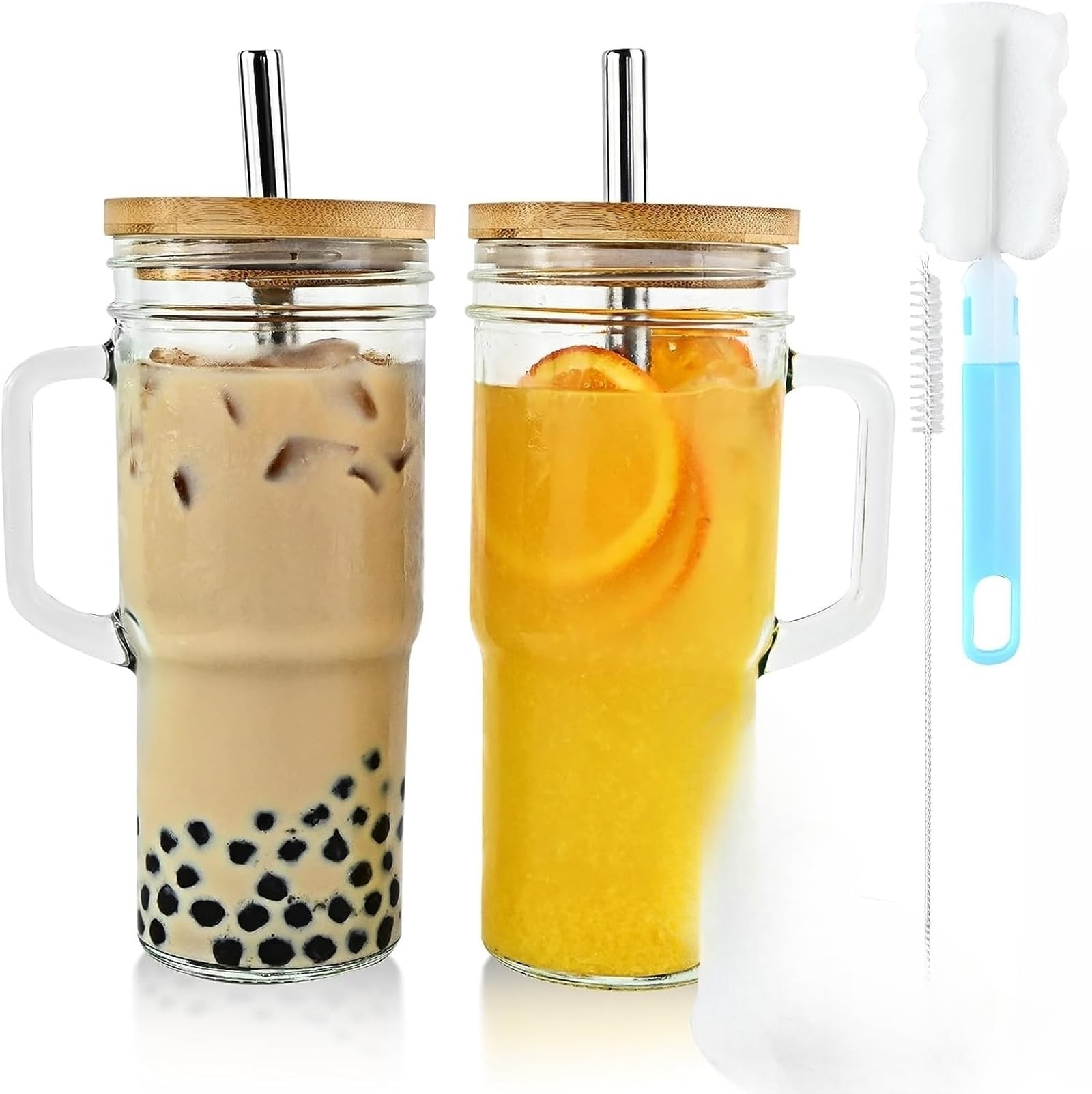 2Pack Glass Cups with Lids and Straws, Mason Glass Cups with Handle, Reusable Drinking Glasses for Coffee, Bubble Tea, Smoothies, Juice and Beer, Essential Glasses Drinking Set, 24oz