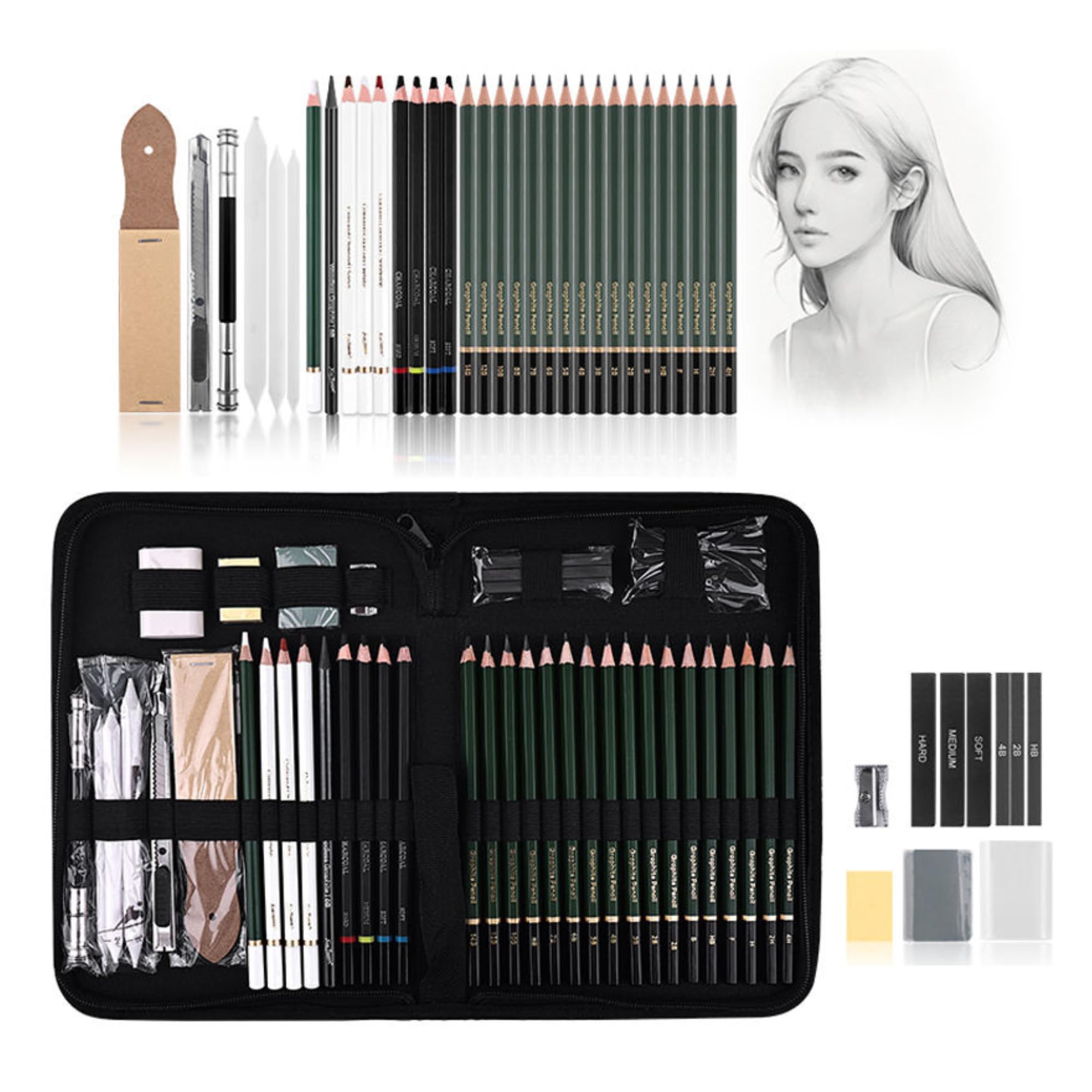 INOG XinBowen 42Pc Drawing Pencils Sketch Pencil Set Art Supplies Set Professional Sketching Kit Art Graphite Charcoal Pencil Blending Stump Drawing Kit Shading Pencils Set-image-42