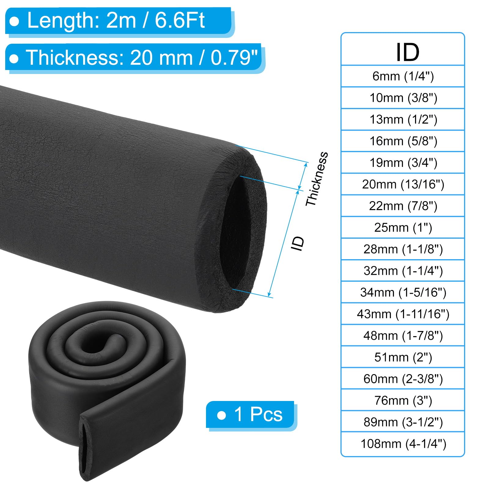 PATIKIL Aislamiento de Tuberías, 1Pcs Espuma Tubo Térmico Aislante, 2m Barra Enrollable para Cubierta de Tuberías Suaves para Conductos de Aire Acondicionado HVAC, 76mmx116mmx20mm Negro