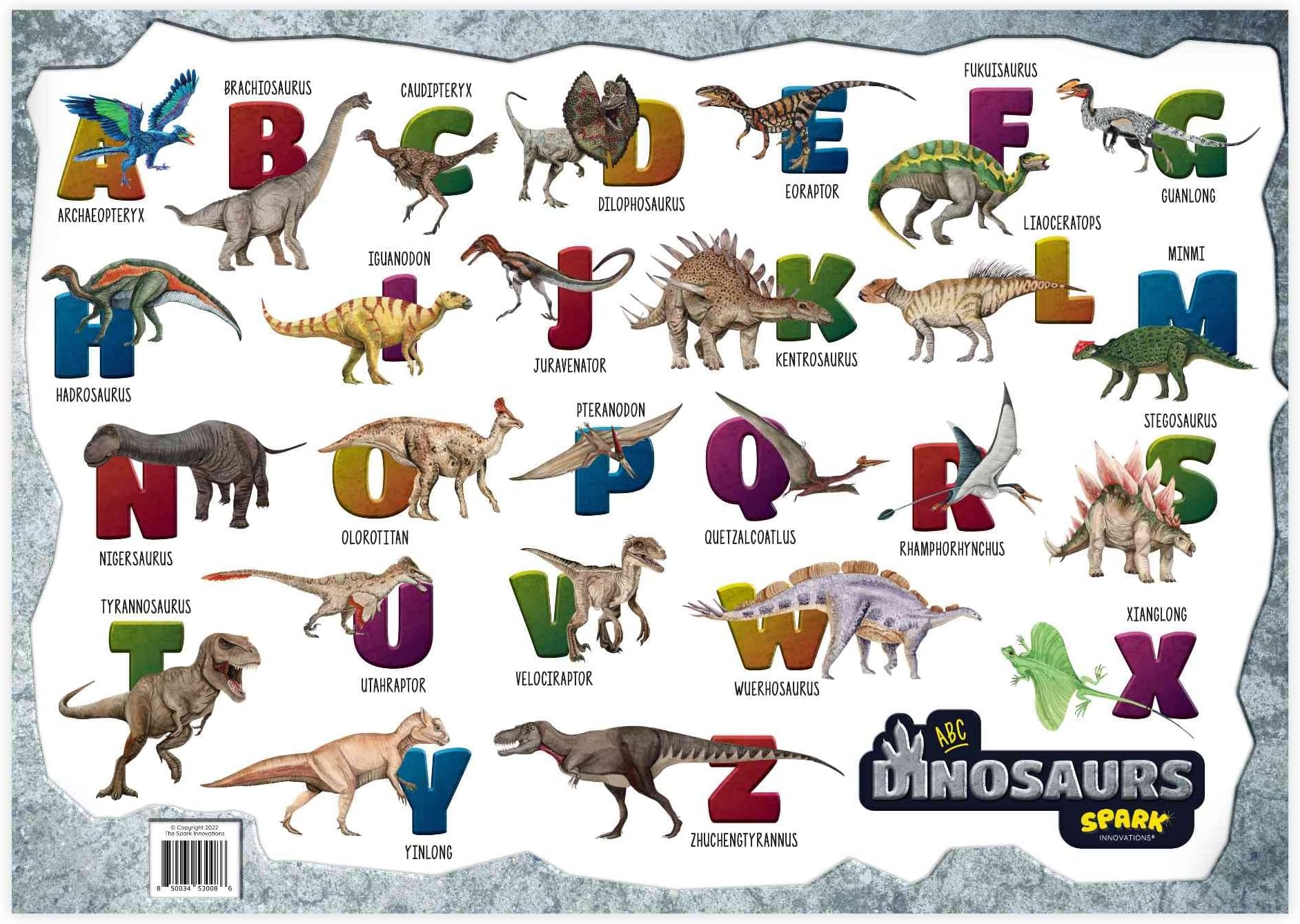 ABC Dinosaur Educational Poster, Kids Room Dinosaur Decor Alphabet Chart with Watercolor Dinosaur Pictures, Large 17x24 Laminated Dinosaur Themed Classroom Décor for Preschool and Homeschooling