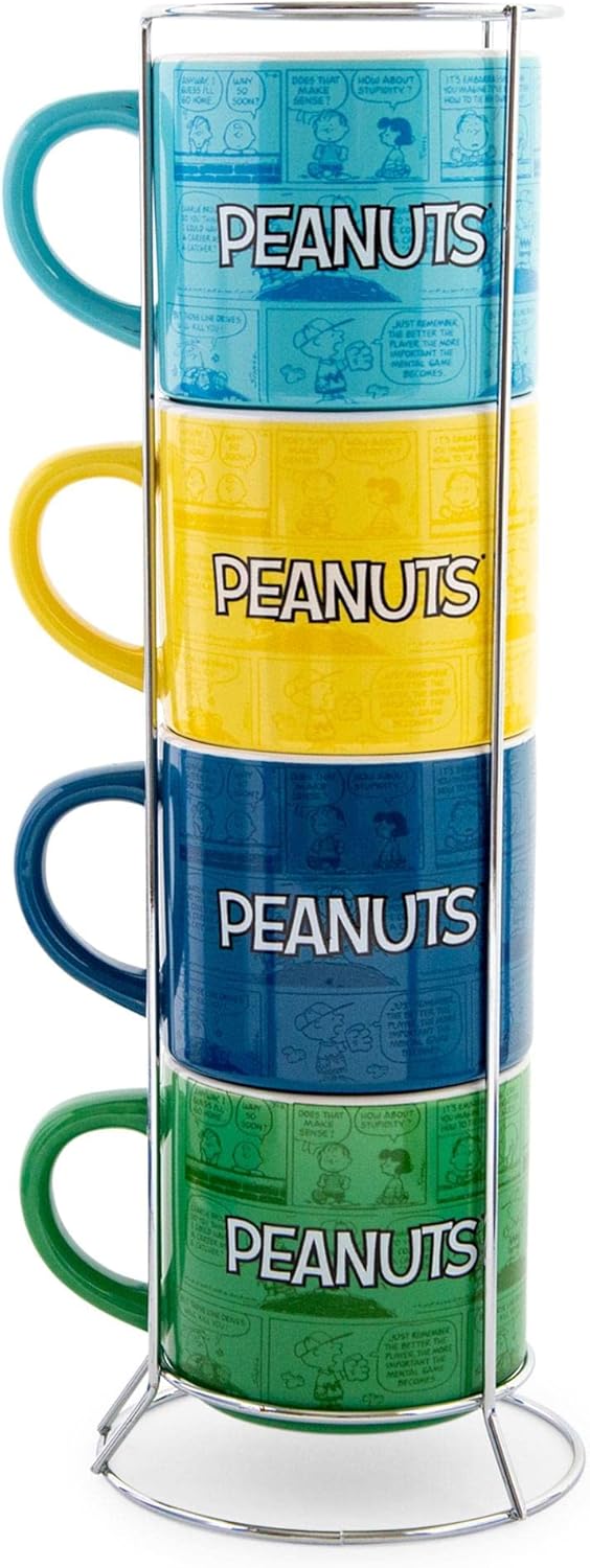Silver Buffalo Peanuts Comic Strip 4-Pack Ceramic Mug Stack, 10-Ounces