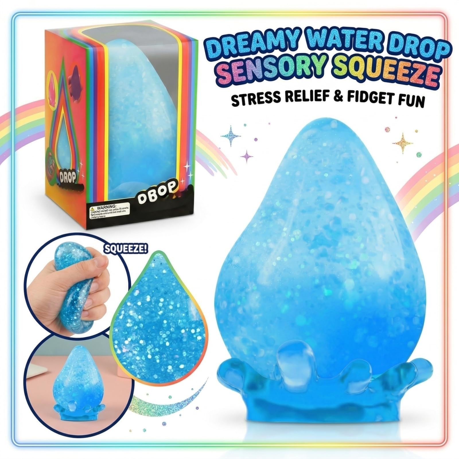 Nee Doh Dream Drop Squishy Fidget Toys Cute Raindrop Slow Rising Squeeze Toys Stress Ball Nee Doh Teardrop Squishies Sensory Anxiety Relief Toy Fidgets Party Favors Gift for Adult Kid (03-Blue) — view 5