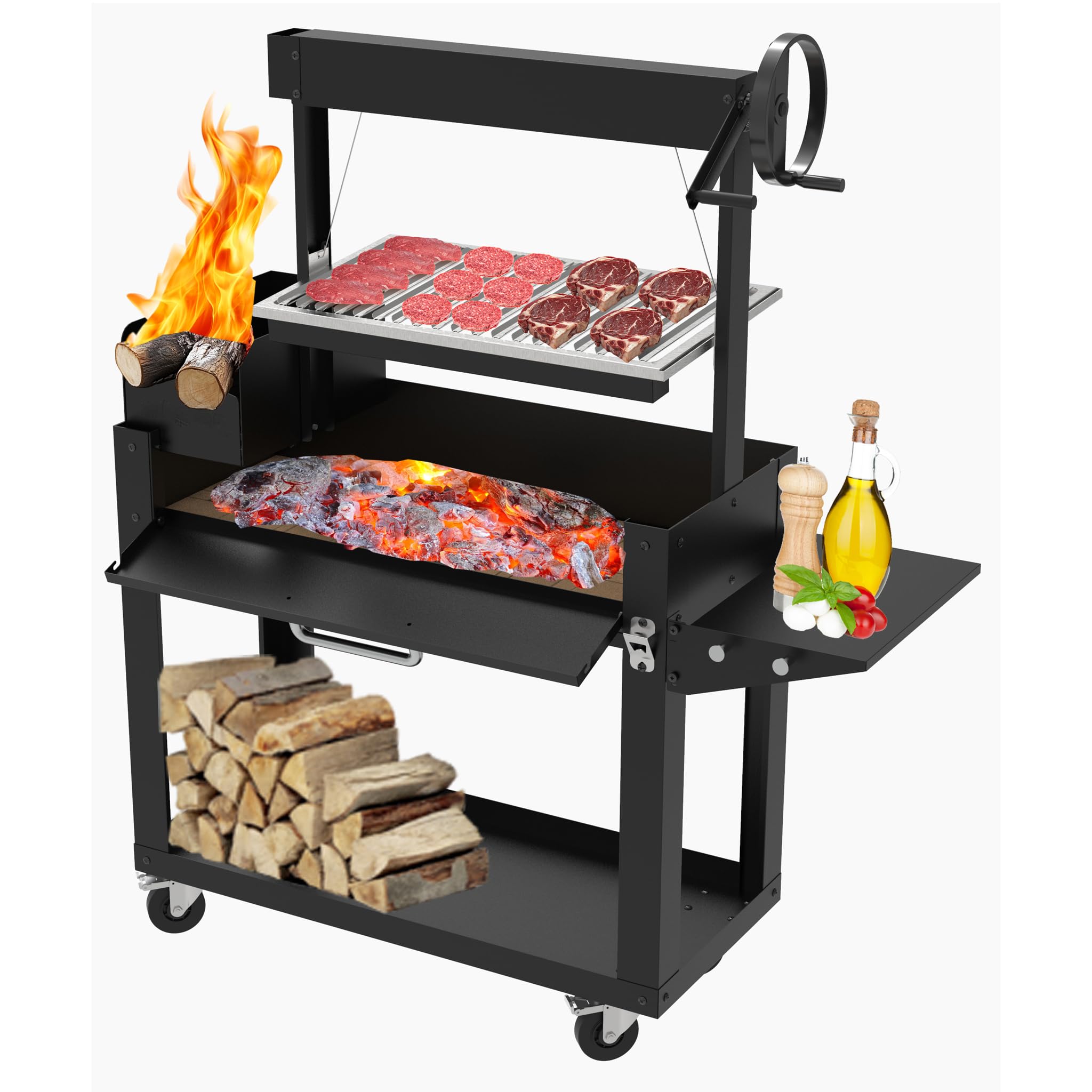 Barbecue a Legna o Carbone "LNG" con Griglia Regolabile a Manovella – Struttura Robusta con Mensola Ribaltabile e Portalegna