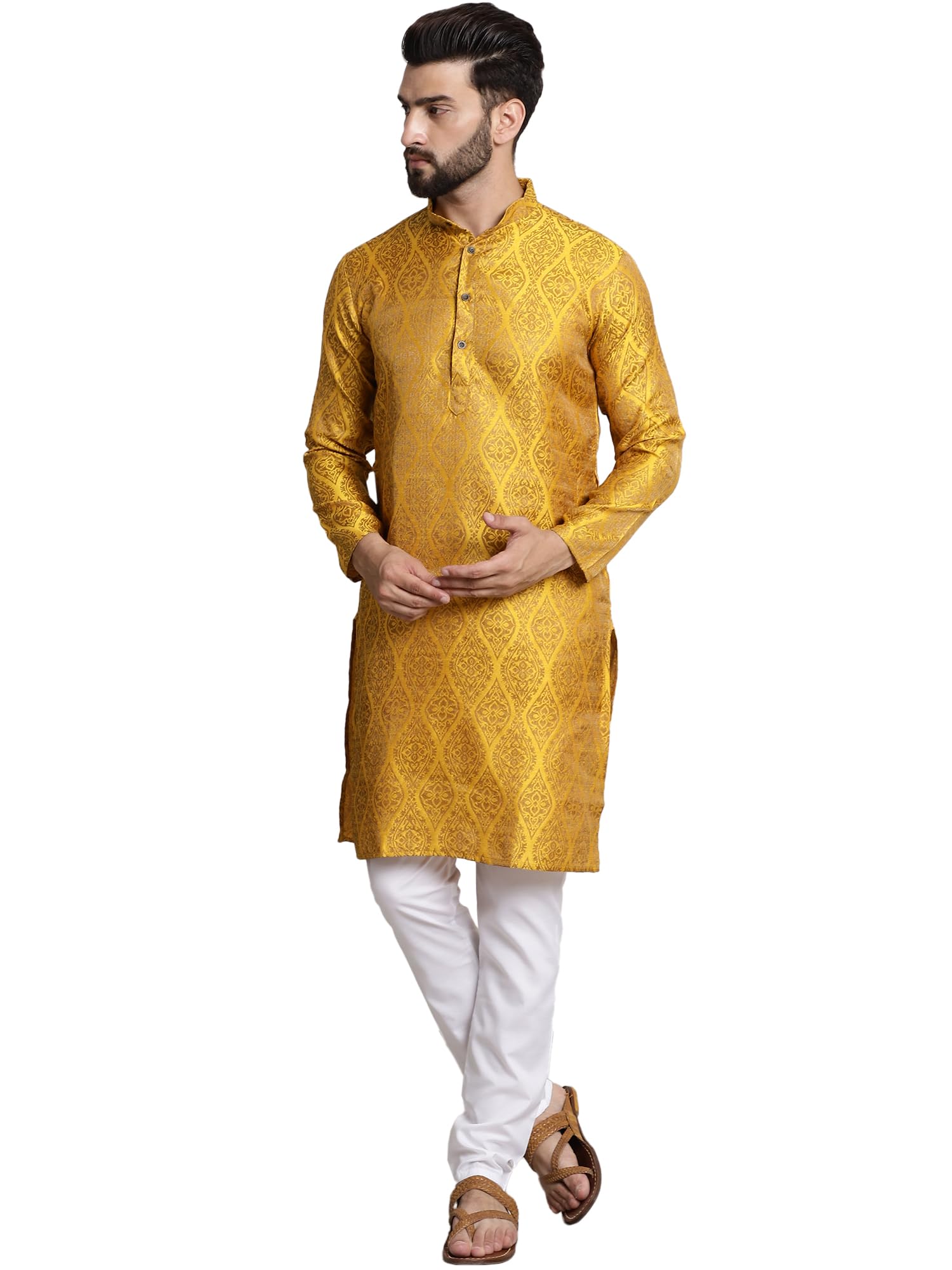 Sojanya (Since 1958 Men's Silk Blend Mustard Self Design Kurta And White Churidar Pyjama Set