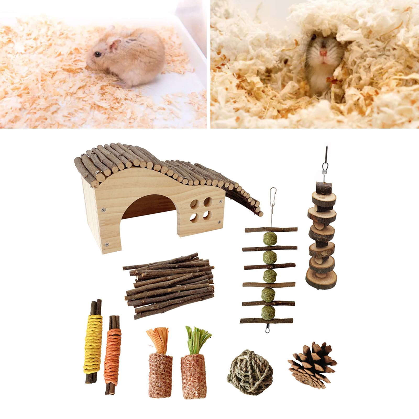 10-teiliges Habitat Set für Hamster, Kauspielzeug, Käfighaus, Spielzeug, Rattanball, bissfest, Kaninchen für Kleintiere, Meerschweinchen, Langeweile