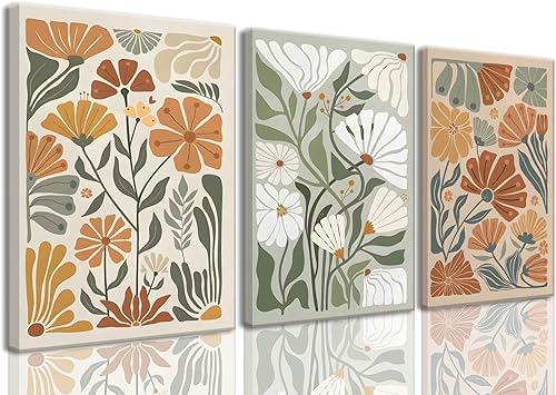 KISSFOX Lienzo enmarcado para pared, estampado botánico floral abstracto, juego de 3 pinturas de mercado de flores silvestres verdes, beige,