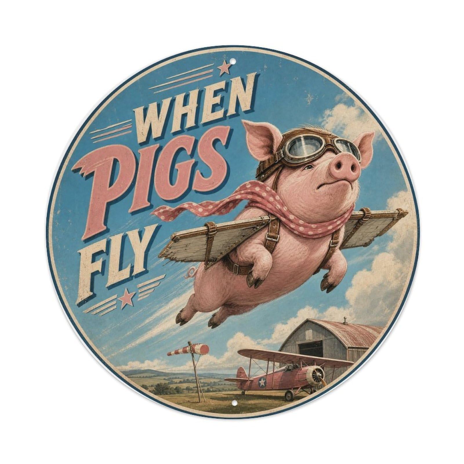 Okngb Style Pig Funny Gesture Farm Animal Comic Cartoon Playful Metal Tin Sign Plaque Wall Decor For Cafe, Man Cave, Club Bar, Office, Home Garden Round Metal Poster 8X8inch
