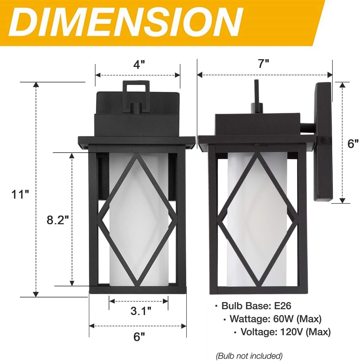 LALUZ Outdoor Wall Light, Exterior Wall Sconce Porch Light Fixture Wall Mount, Matte Black Outdoor Wall Lantern with Seeded Glass, E26 Socket Waterproof Outside Lamp for House, Patio, Garage
