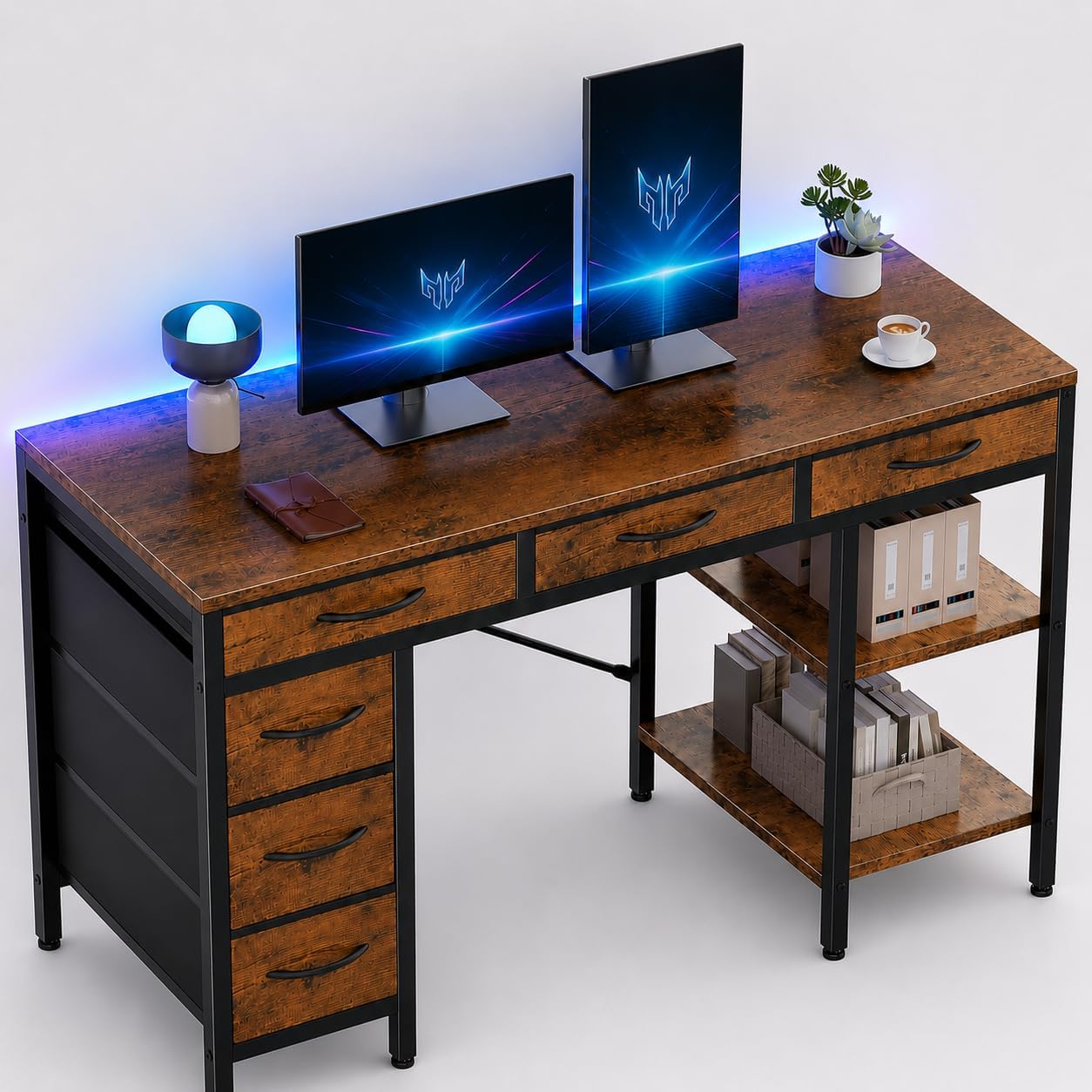 Simple Deluxe Computer Desk with 6 Drawers, 55 Inch Office Workstation with Storage Shelves, Reversible Corner Gaming Table, Home Office Study Desk with Fabric Organizer, Rustic Brown