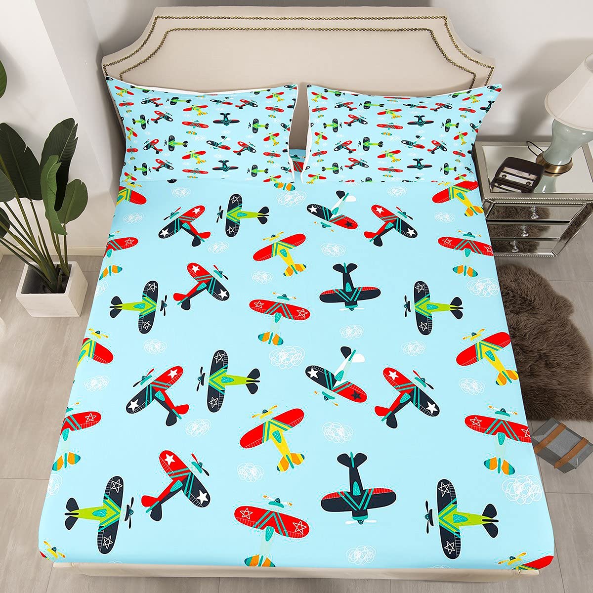 Aircraft Bedding Sheets Aircraft Toy Bed Sheet Set for Kids Boys Girls Cute Airplane Print Bedding Fitted Sheet Modern Stylish Colorful Bed Cover with 1 Pillowcase 2Pcs Bedding Single โ image 1