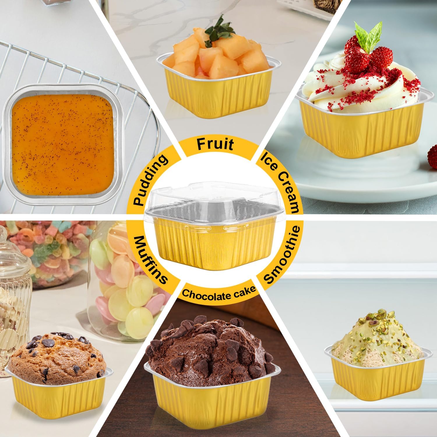 100 Pcs Square Mini Aluminum Foil Baking Cake Pans with Lids and Sporks, 5oz Disposable Cupcake Liners Cups, Gold Mini Cake Pans for Party Wedding Birthday - Image 7