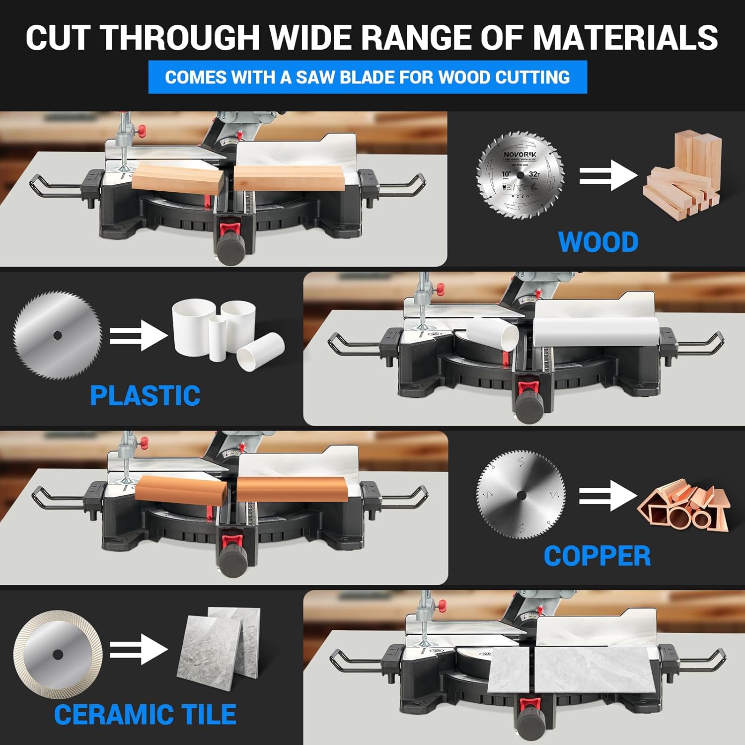 NOVORIK Single Bevel Compound Sliding Miter Saw, Corded Miter Saw with Laser Guide & 15-Amp Heavy-Duty Motor, Speed of 4,000 rpm, Sliding Miter Saw with TCT Saw Blade for Woodworking (10")