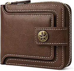 Carteira Masculina Vintage Militar | Couro PU, Marrom, com Zíper – Grande Capacidade, Trifold com Botão de Pressão, Porta-Cartões Premium