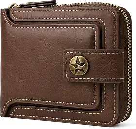 Carteira Masculina Vintage Militar | Couro PU, Marrom, com Zíper – Grande Capacidade, Trifold com Botão de Pressão, Porta-Cartões Premium