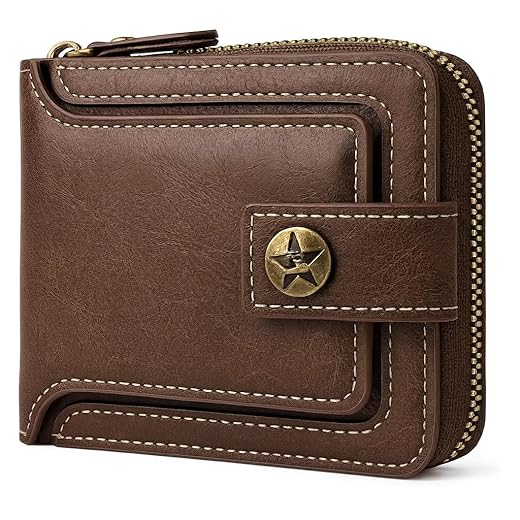 Carteira Masculina Vintage Militar | Couro PU, Marrom, com Zíper – Grande Capacidade, Trifold com Botão de Pressão, Porta-Cartões Premium