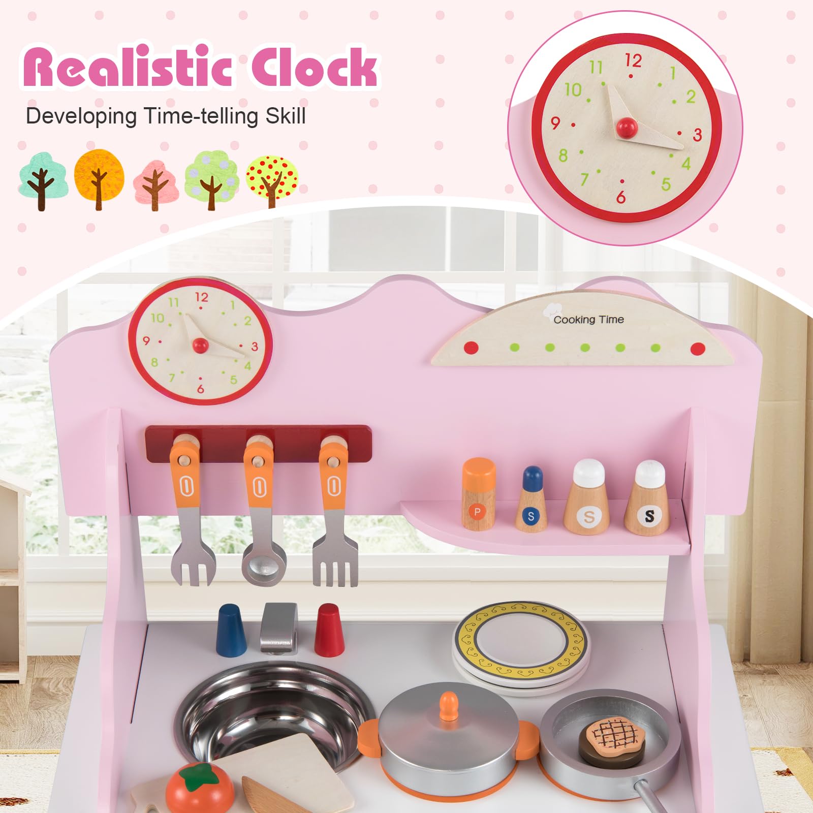 FANTASK Cucina per bambini in legno con orologio e accessori da 12 pezzi, cucina giochi con fornello/fornello/lavello e portaspezie, cucina giocattolo per bambini dai 2 anni in su (rosa)