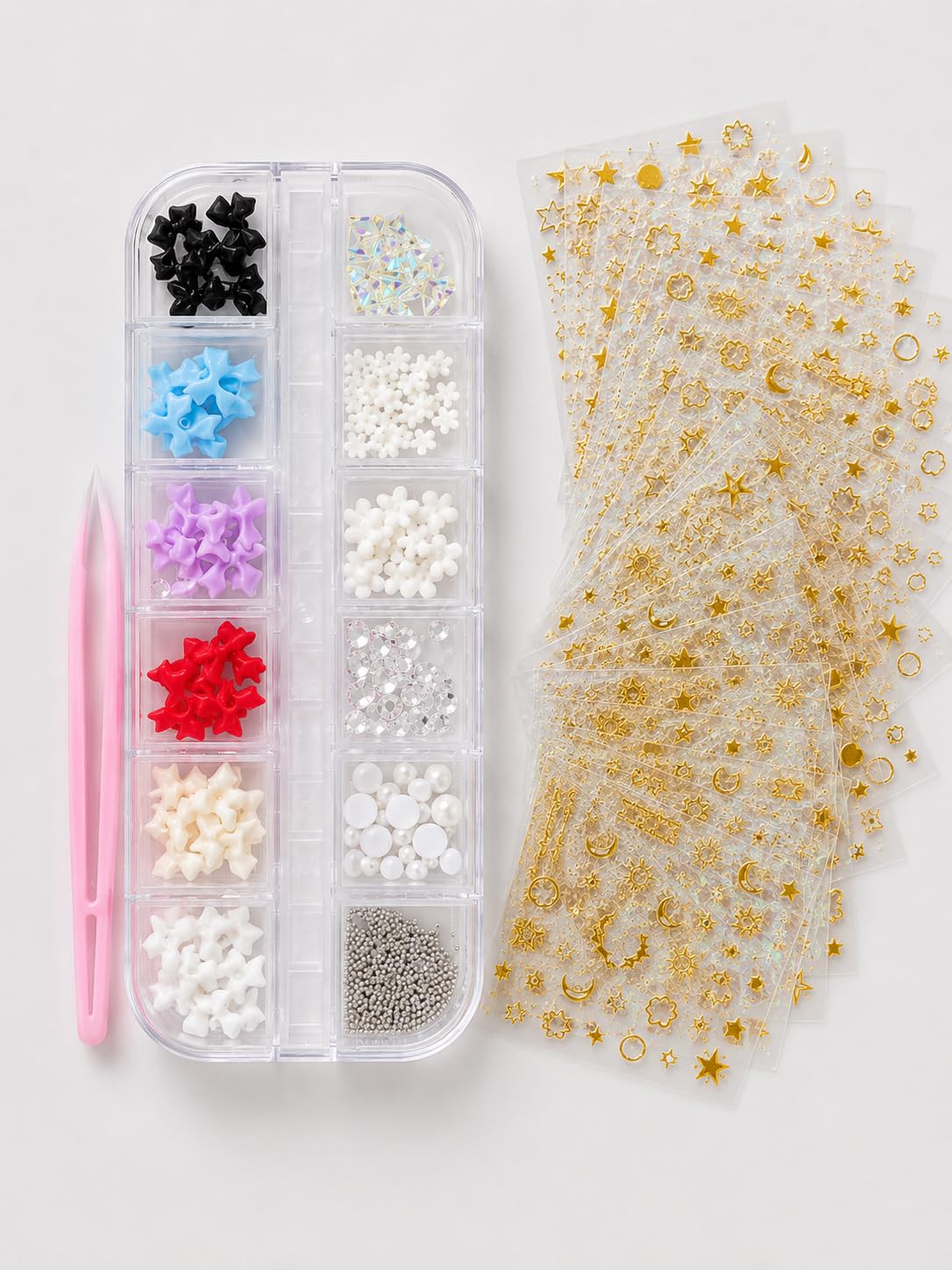 Bow and Metal Balls and Sheets Golden Stickers Combo | 12 Colours Included, Gold Foil Stickers, Resin Floral Charms, Organised Storage Box, Nail Decoration Set-image-35