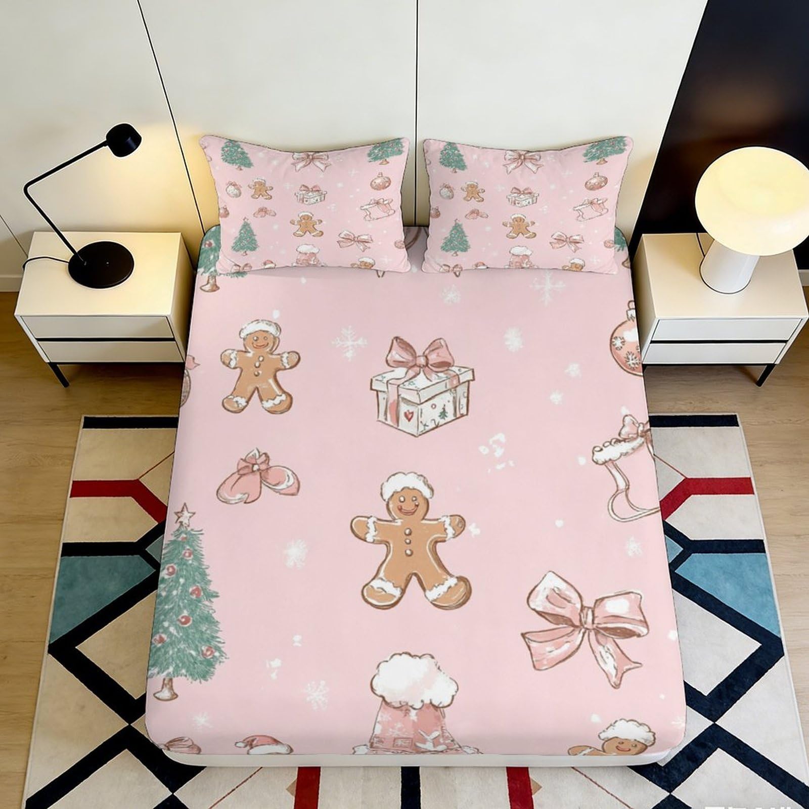 3D Printed Gingerbread Fitted Sheet Microfiber Deep Pocket Elastic Hem Christmas Mattress Fitted Cover Washable for Bedroom Adults Teens 90x200x25cm