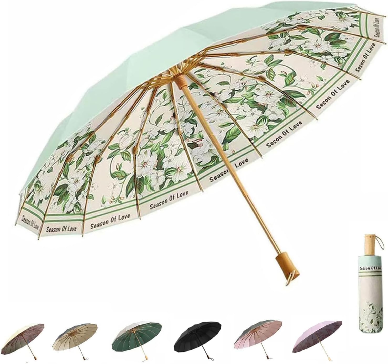 Compact Umbrellas For Rain And Sun UPF 50+ UV Protection Windproof waterproofing and Strong Travel Essentials for Men Womens Umbrella 16 Ribs Wooden Handle Flower Travel Umbrella Compact Birthday Gifts For Women