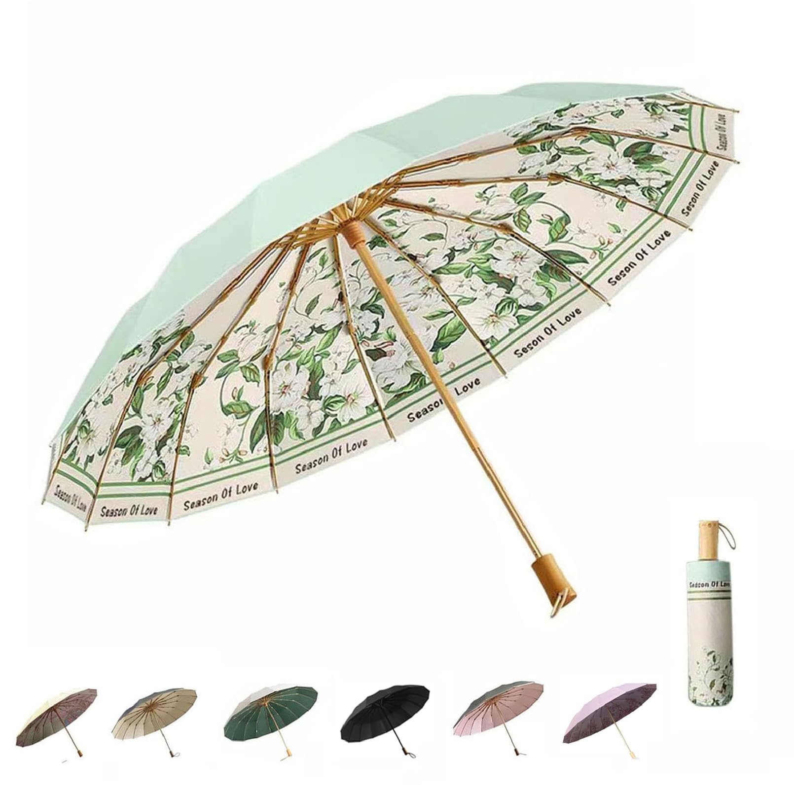 Folding umbrella for rain and sun UPF 50+ UV Protection Windproof waterproofing and Strong Travel Essentials for Men Womens Umbrella 16 Ribs Wooden