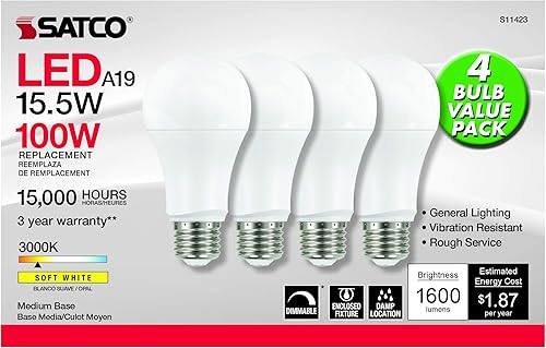 Miniatura 2 de Satco 15.5w 120v A19 LED E26 base mediana 1600 lúmenes 3000k (4 bombillas LED)