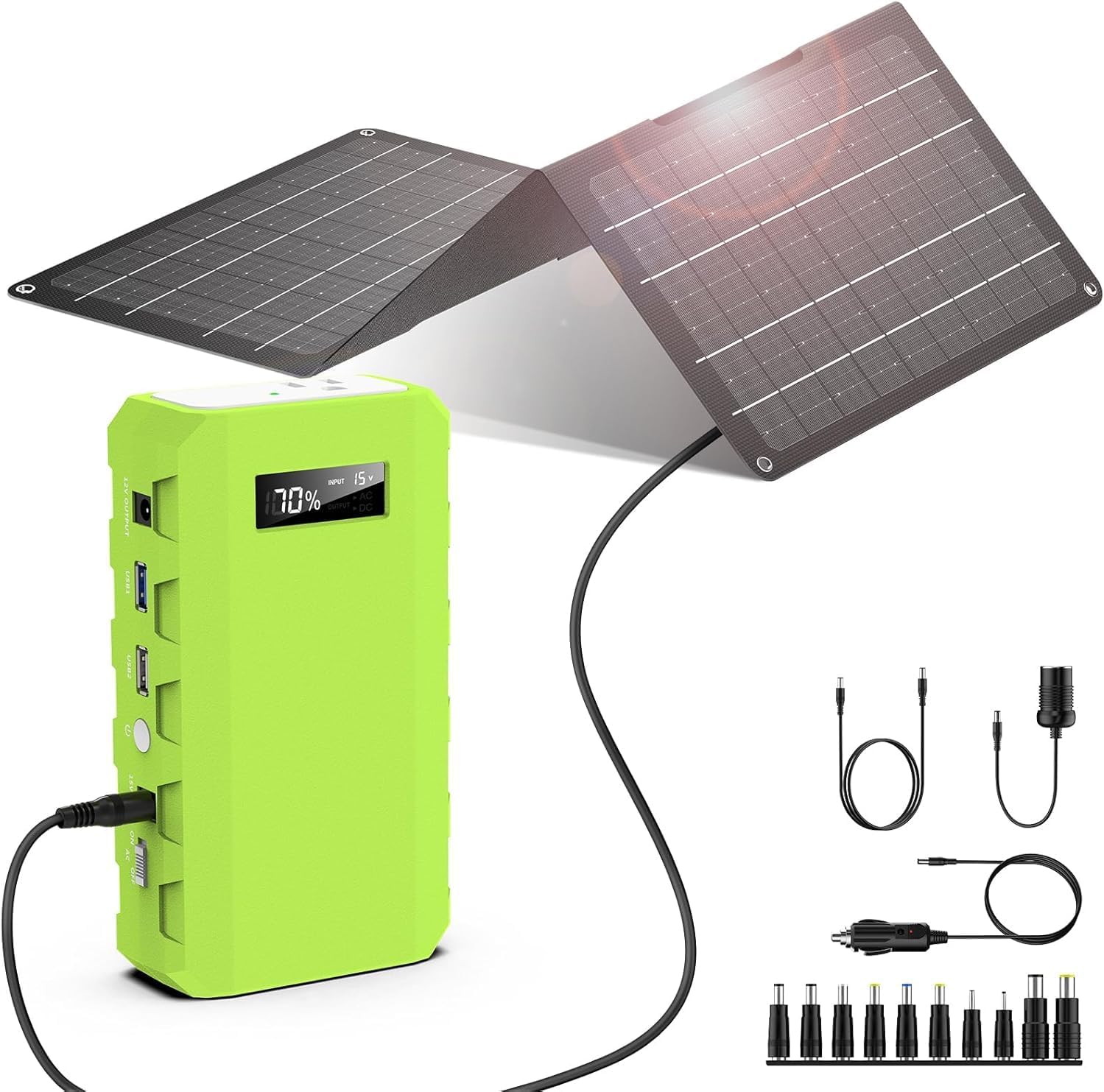 powkey 24000mAh/65W Photo voltaic Generator 30W with Panels Included, 88Wh Transportable Energy Station with AC Outlet, Lithium Battery Rechargeable Powered Financial institution with 110V AC Outlet for Emergency (Inexperienced+Black)