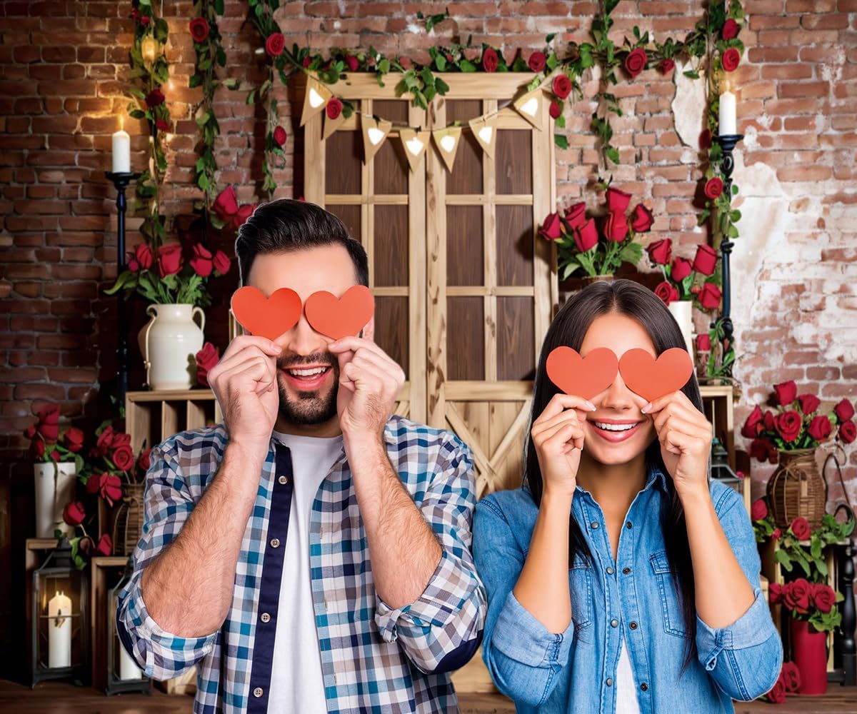 Valentines Backdrop 10x8ft Red Rose Rustic Wood Door Brick Wall Valentine's Photo Backdrops for Photography Background Valentine Decorations for Party Birthday Photo Booth Props
